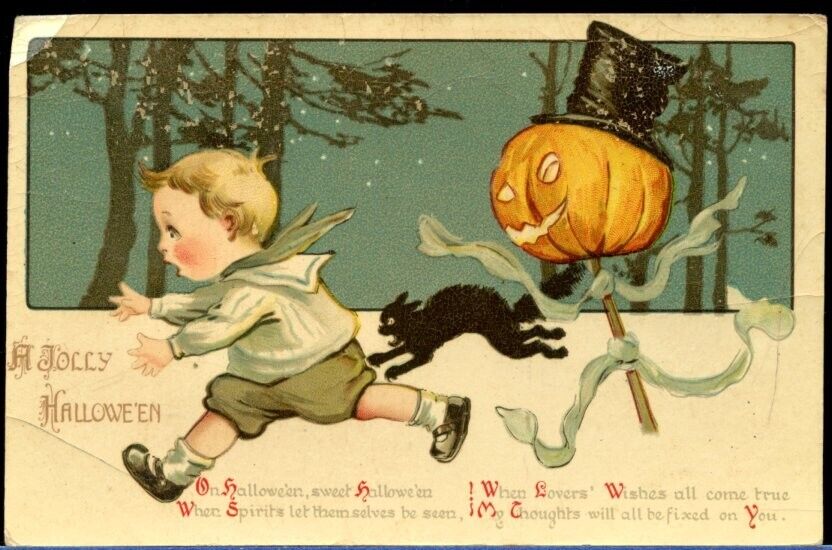 Antique Postcard Jolly Halloween JOL Pumpkin Black Cat Little Boy Gottschalk