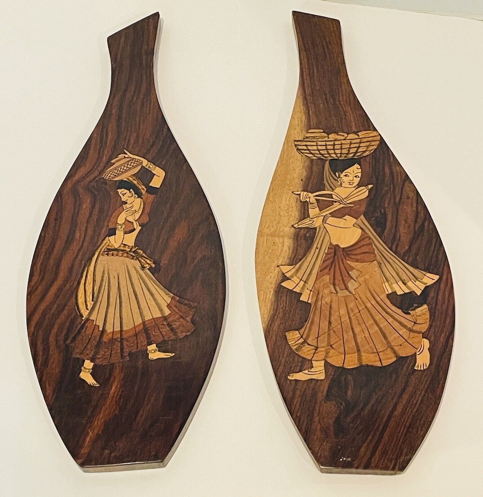 Pair of Carved Marquetry Wood Asian Inspired Wall Paddles