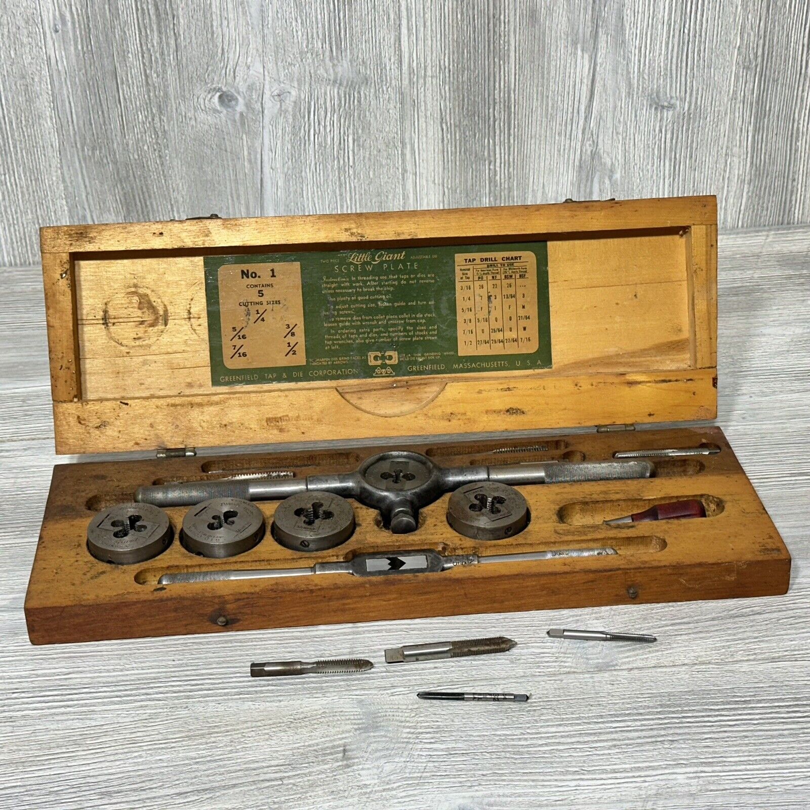 Vintage Greenfield Little Giant No. 1 Screw Plate Tap Die Tool Set Wood Case