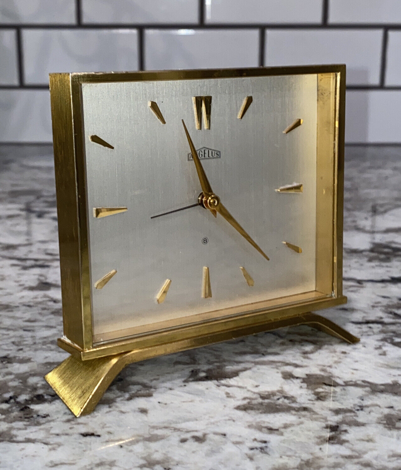 Antique Angelus Modele Depose 1076 Swiss 8 Day  Heavy Brass Alarm Clock WORKS