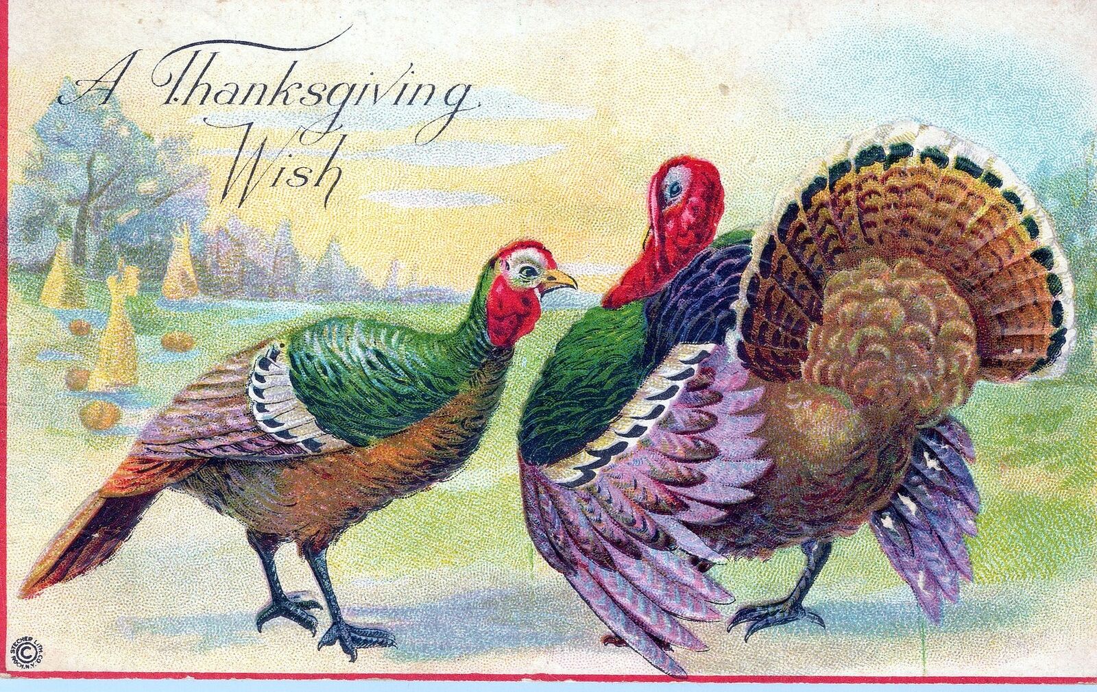 THANKSGIVING - Two Brightly Colored Turkeys Thanksgiving Wish Postcard