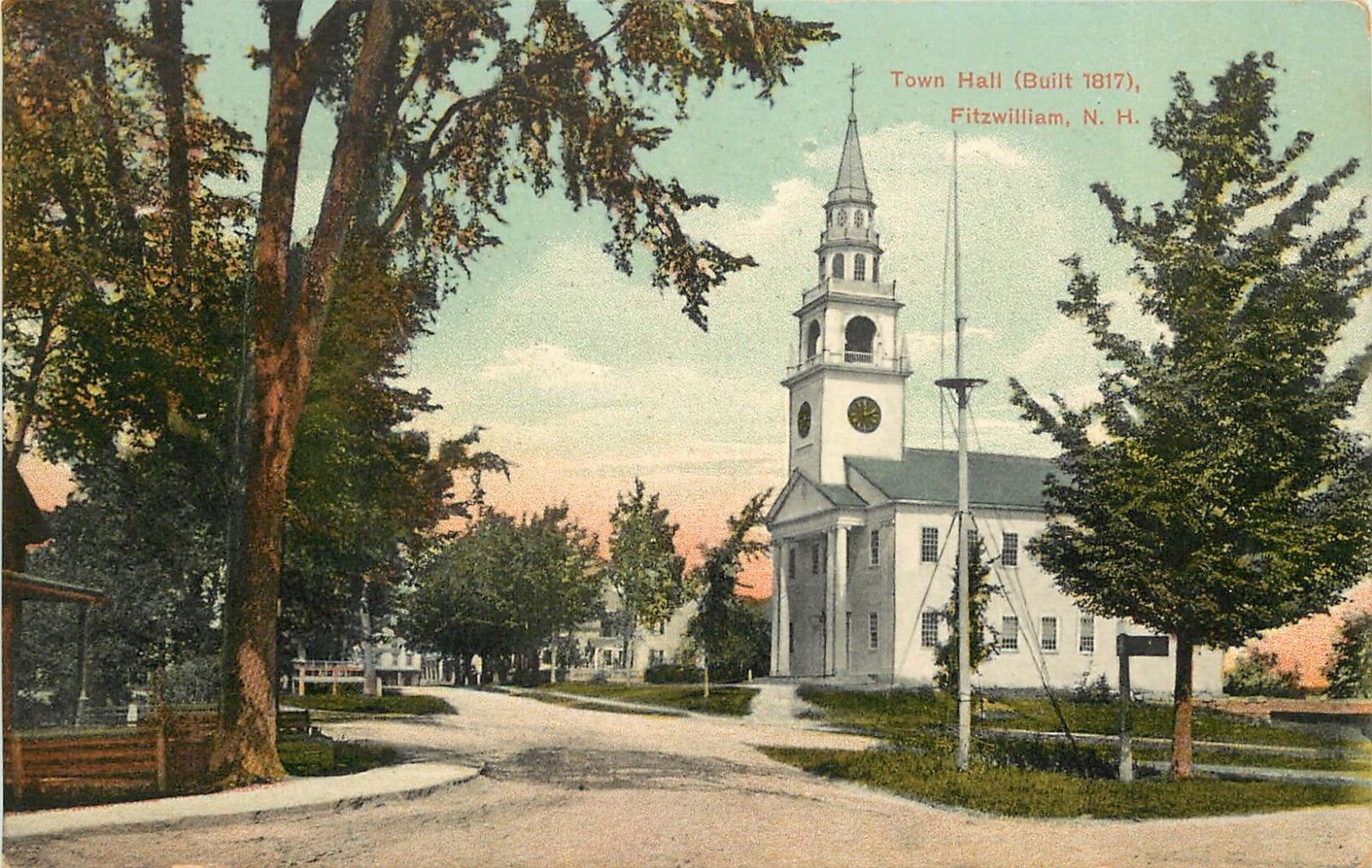 c1907Chromolithograph Postcard Town Hall Fitzwilliam NH Cheshire County Unposted