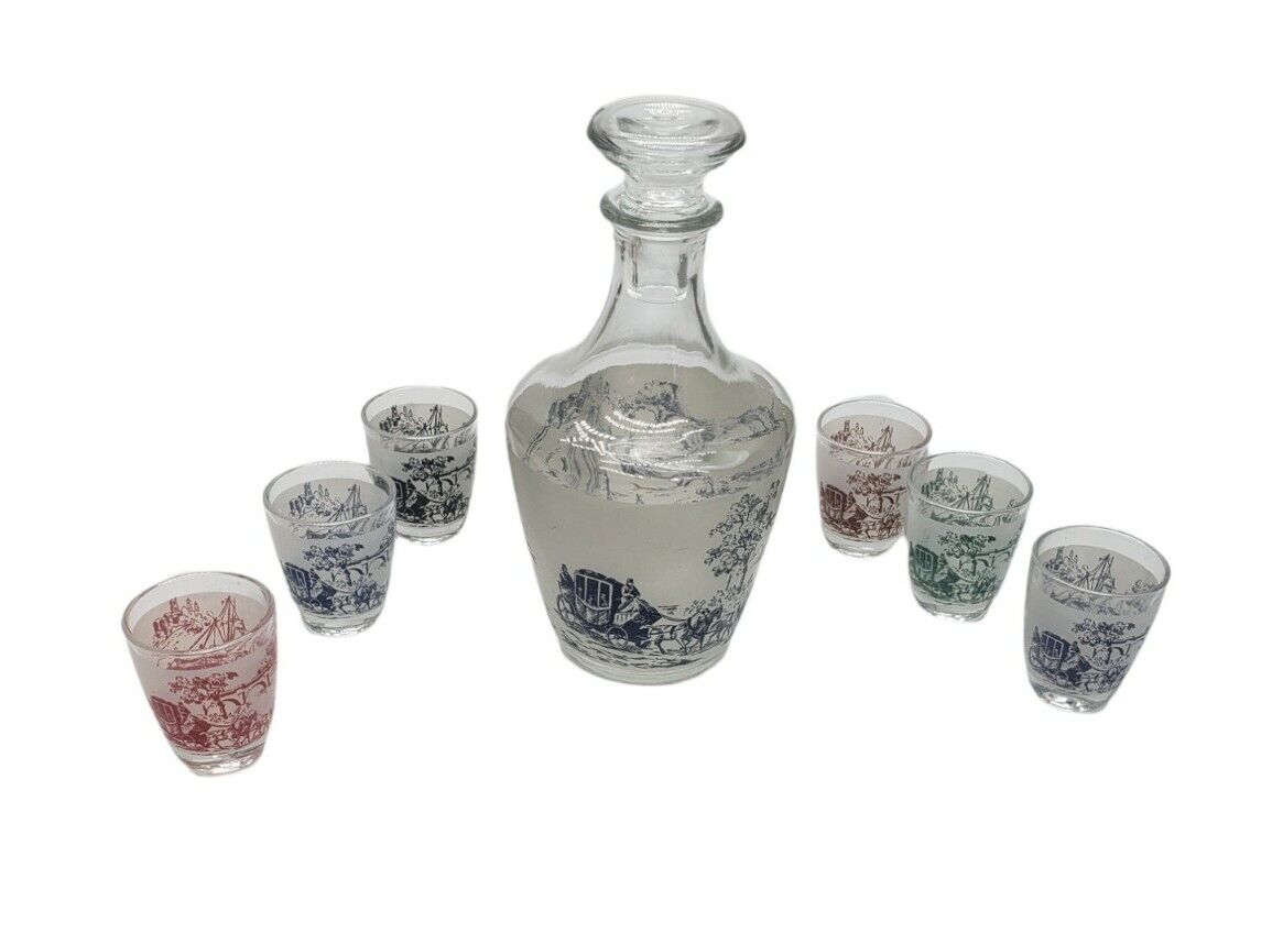 Vintage Glass Decanter With Six Shot Glasses Made In France