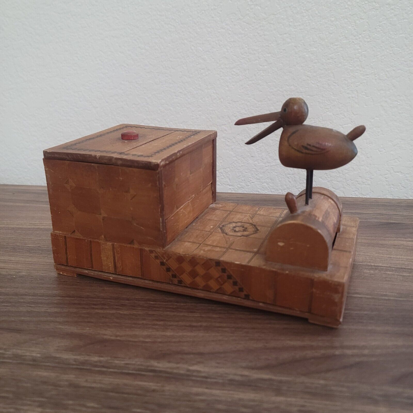Vintage Occupied Japan Wood Marquetry Mechanical Bank 7x5in