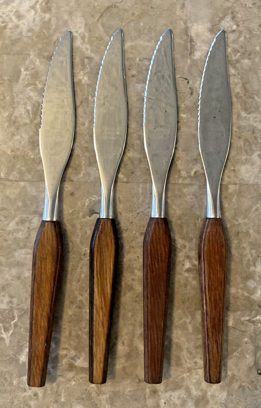 VTG Fleetwood Designer Steak Knives Stainless Steel MCM Teak Wood Handle Set 4