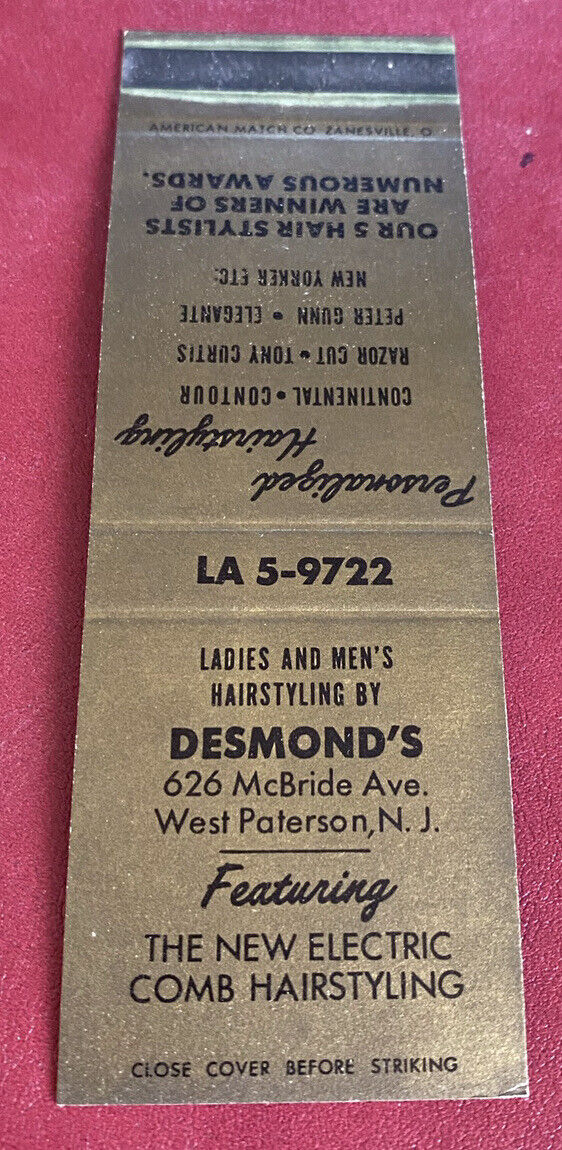 Matchbook Cover Desmond’s Hair Styling West Paterson New Jersey