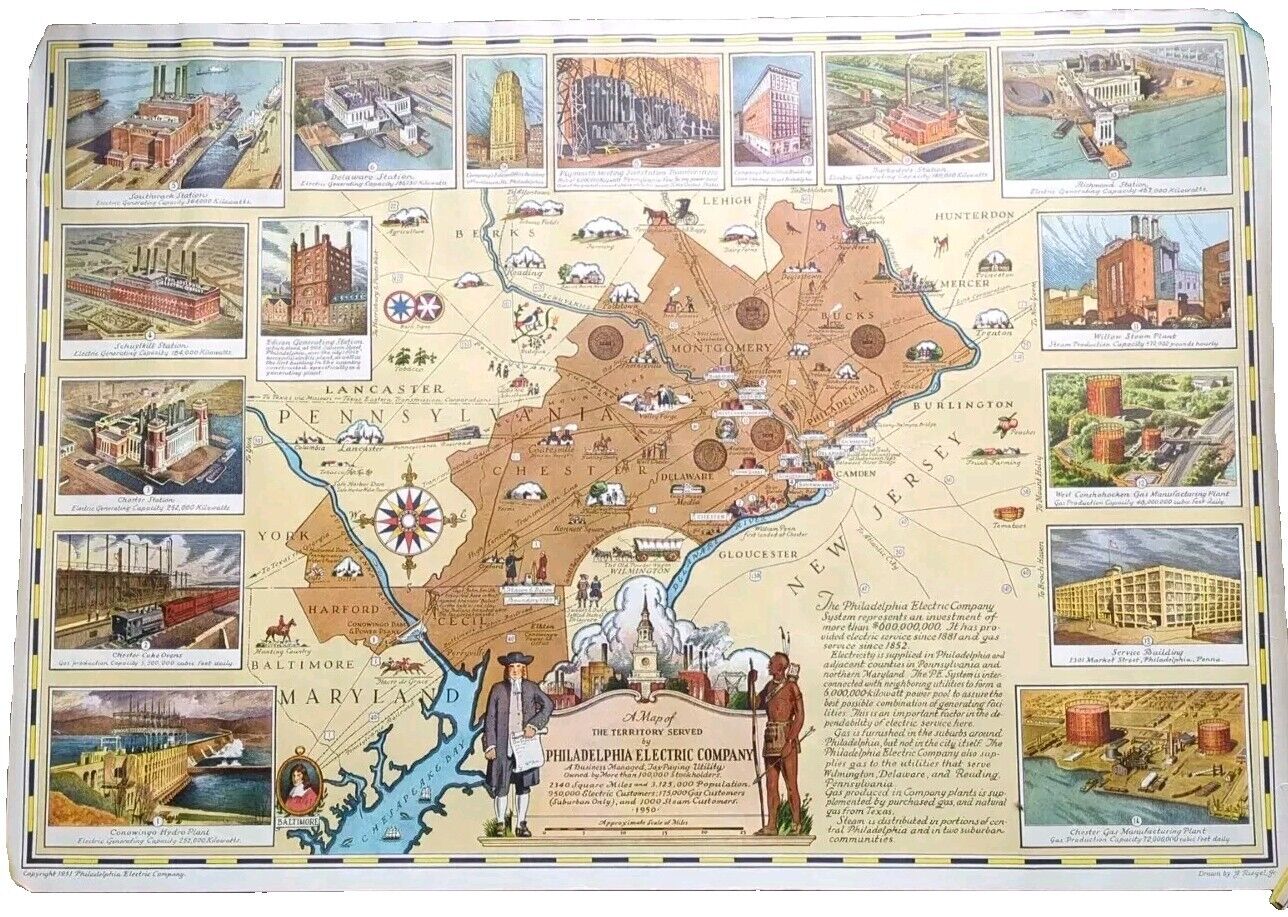 Philadelphia Electric Company Vintage Illustrated Map 1950 J RIEGEL JR Rare
