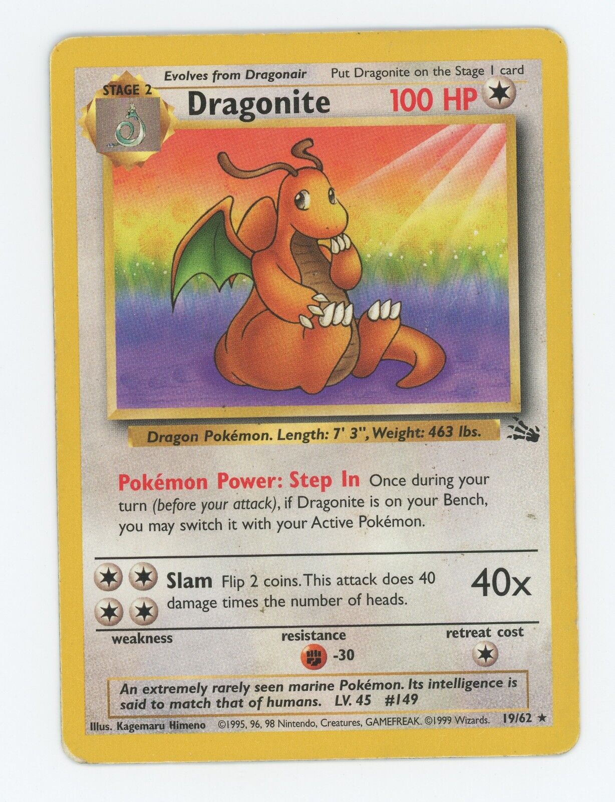 Dragonite Vintage Pokemon Card 19/62 Fossil Non Holo Rare WOTC