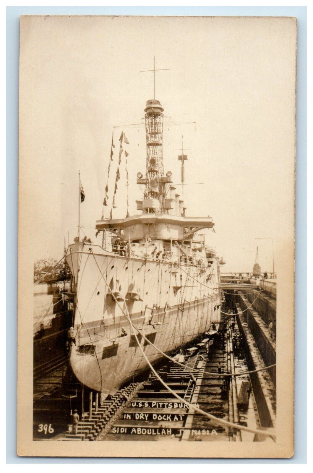 c1920's USS Pittsburgh Dry Dock At Sidi Abdullah Tunisia RPPC Photo Postcard