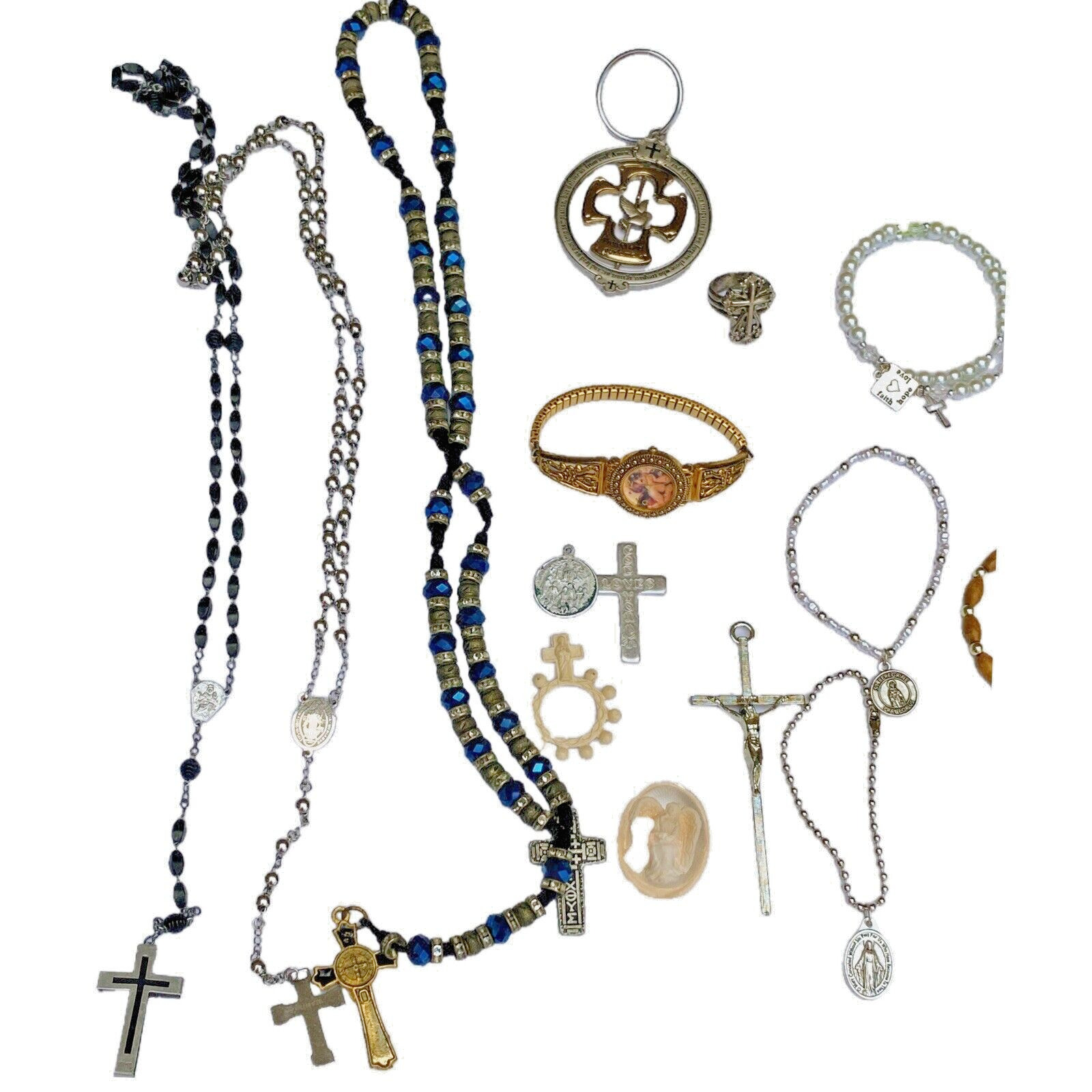 Vintage Lot Crucifix Rosary  Beads Religious Medallions Medals Catholic