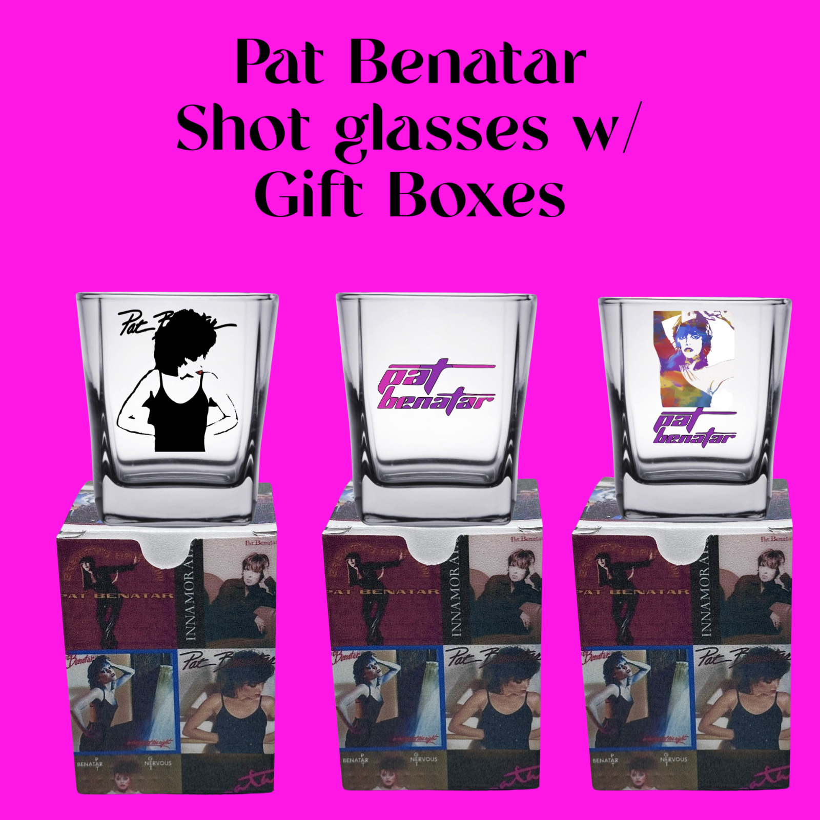 Pat Benatar Shot Glass Set Of 3/Matching Gift Boxes