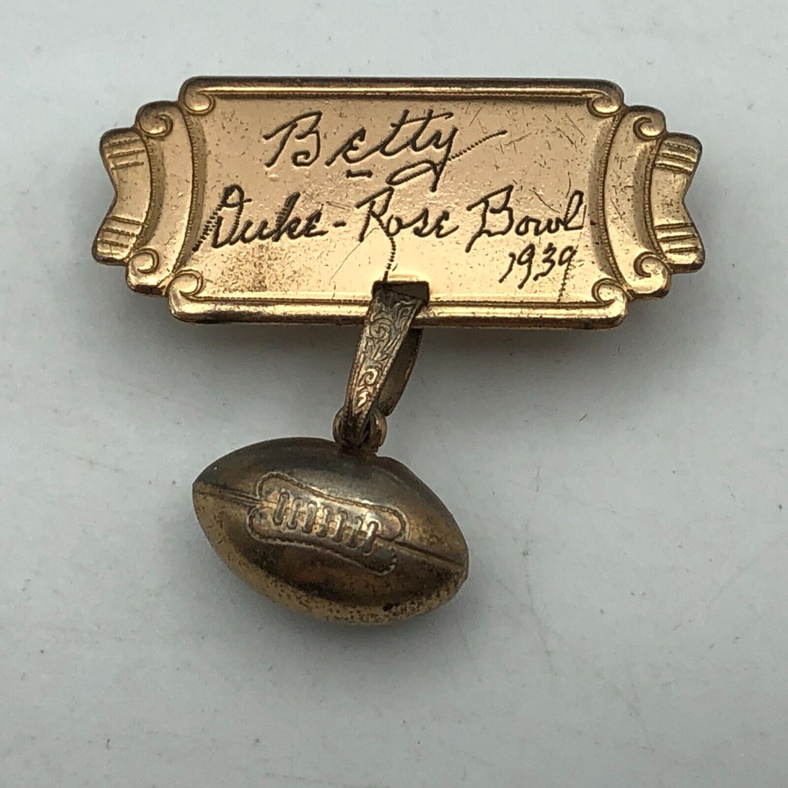 1939 DUKE UNIVERSITY ROSE BOWL Pin Brooch Football Charm BETTY Rare Vintage