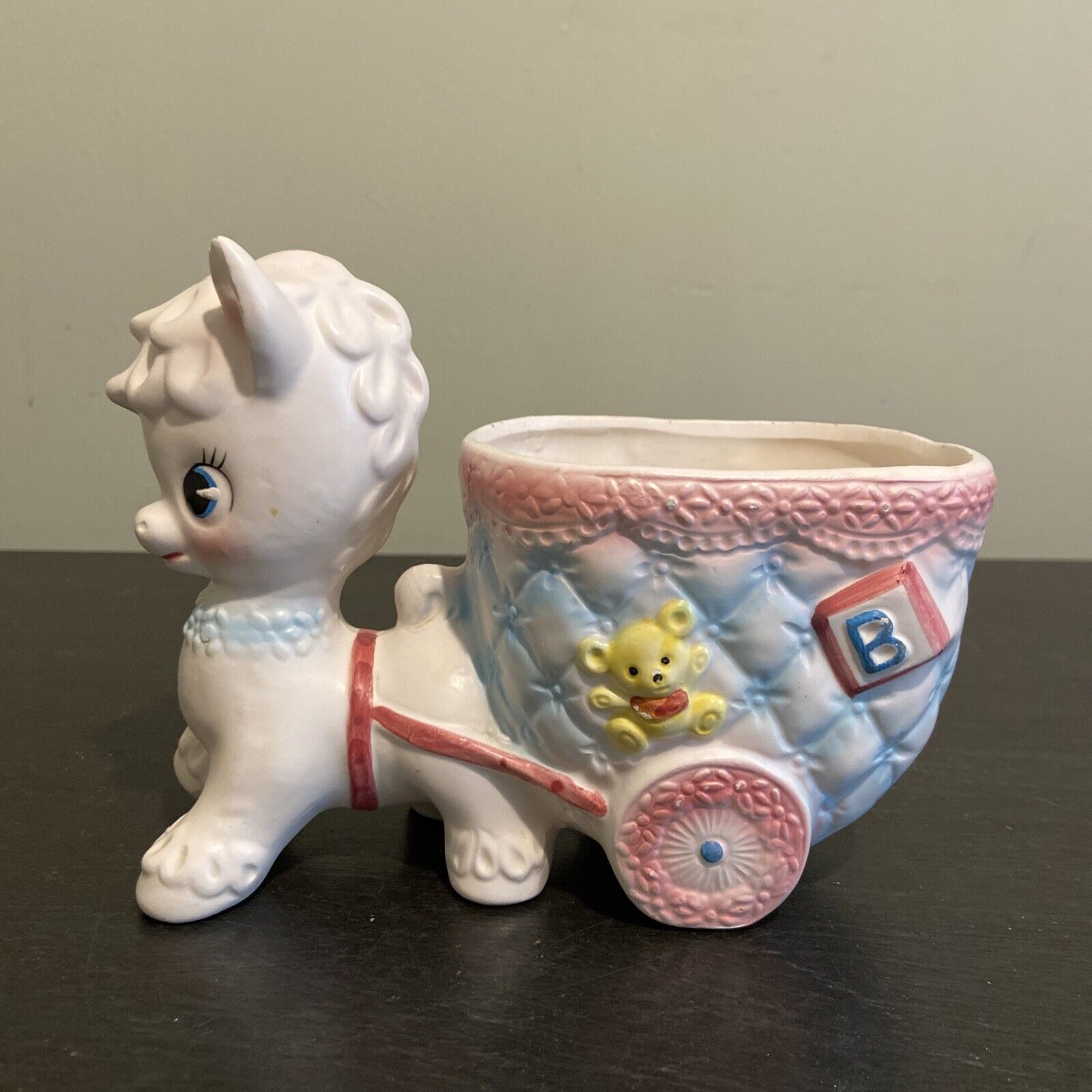 Vtg Napcoware Nursery Baby Planter Pony Cart Pink Blue White 50s 60s Japan 5.75”