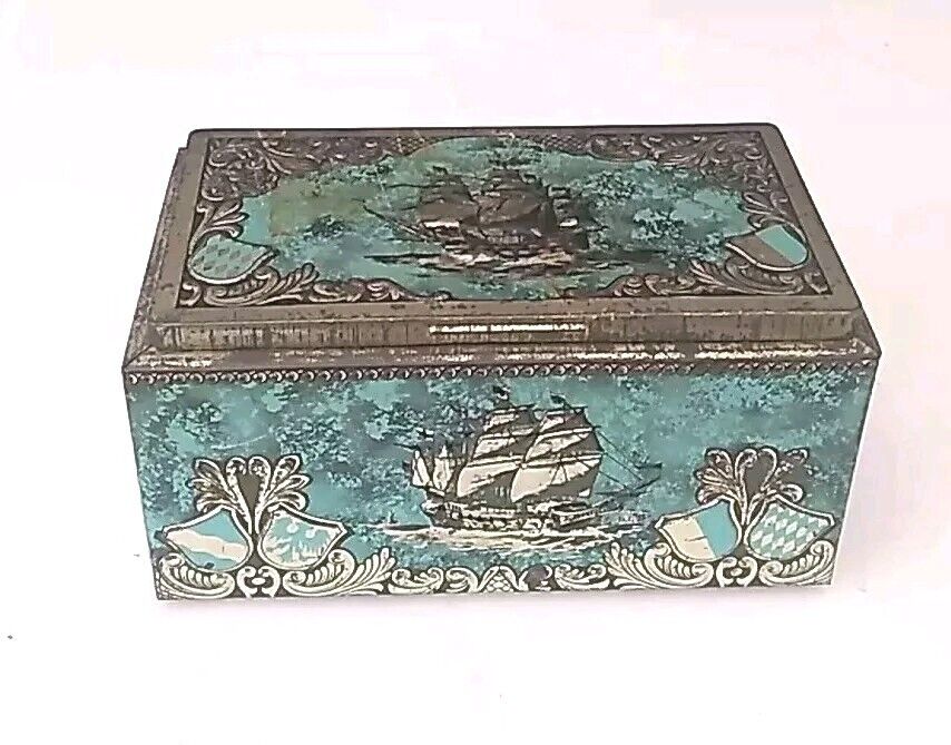 Vintage Bering Galleon Blue Chest Empty Cigar Tin Box West Germany Clipper Ship 
