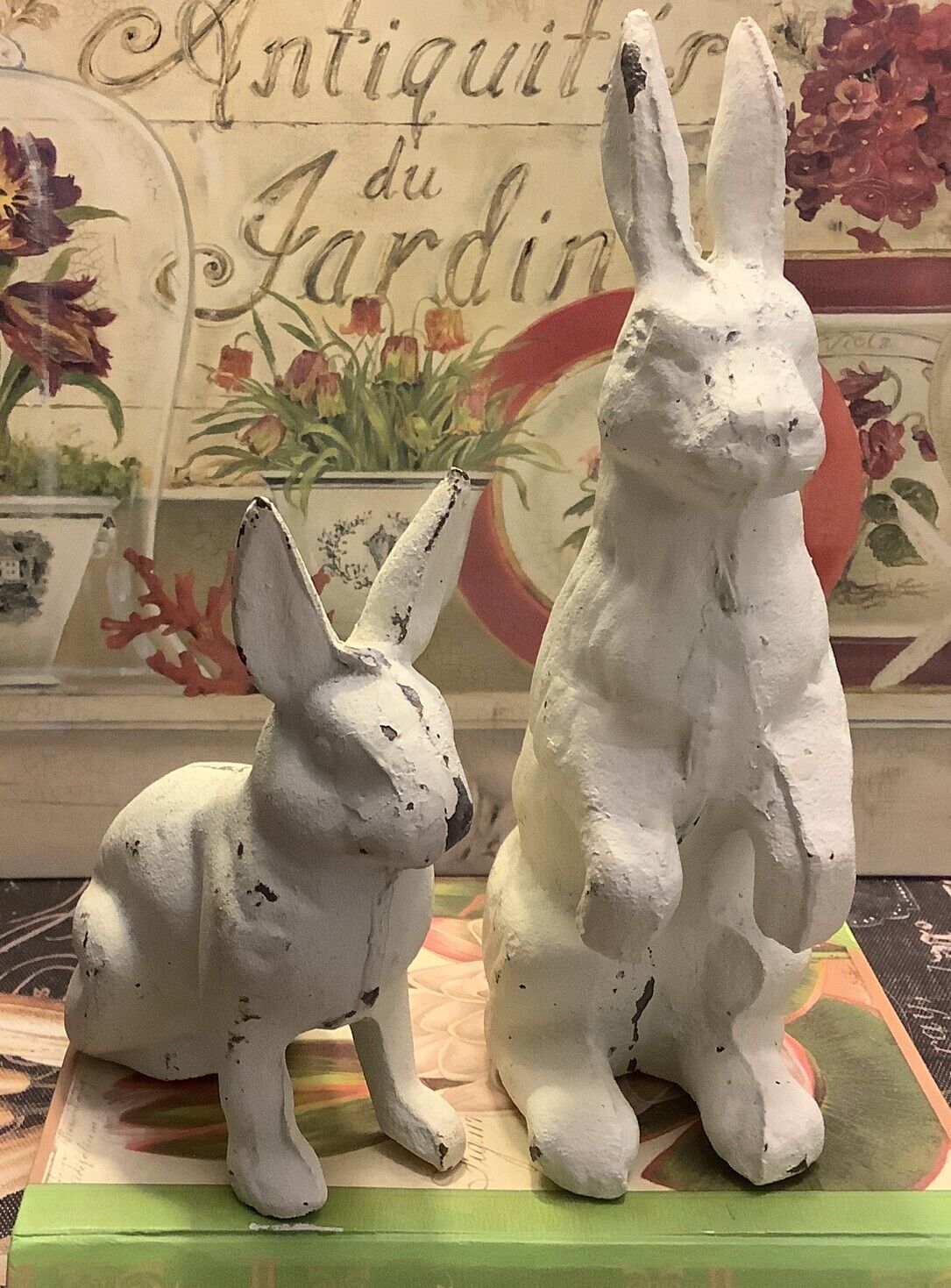 (2) Cast Iron Distressed Off White Rabbits~French Country/Cottage/Farmhouse~NICE
