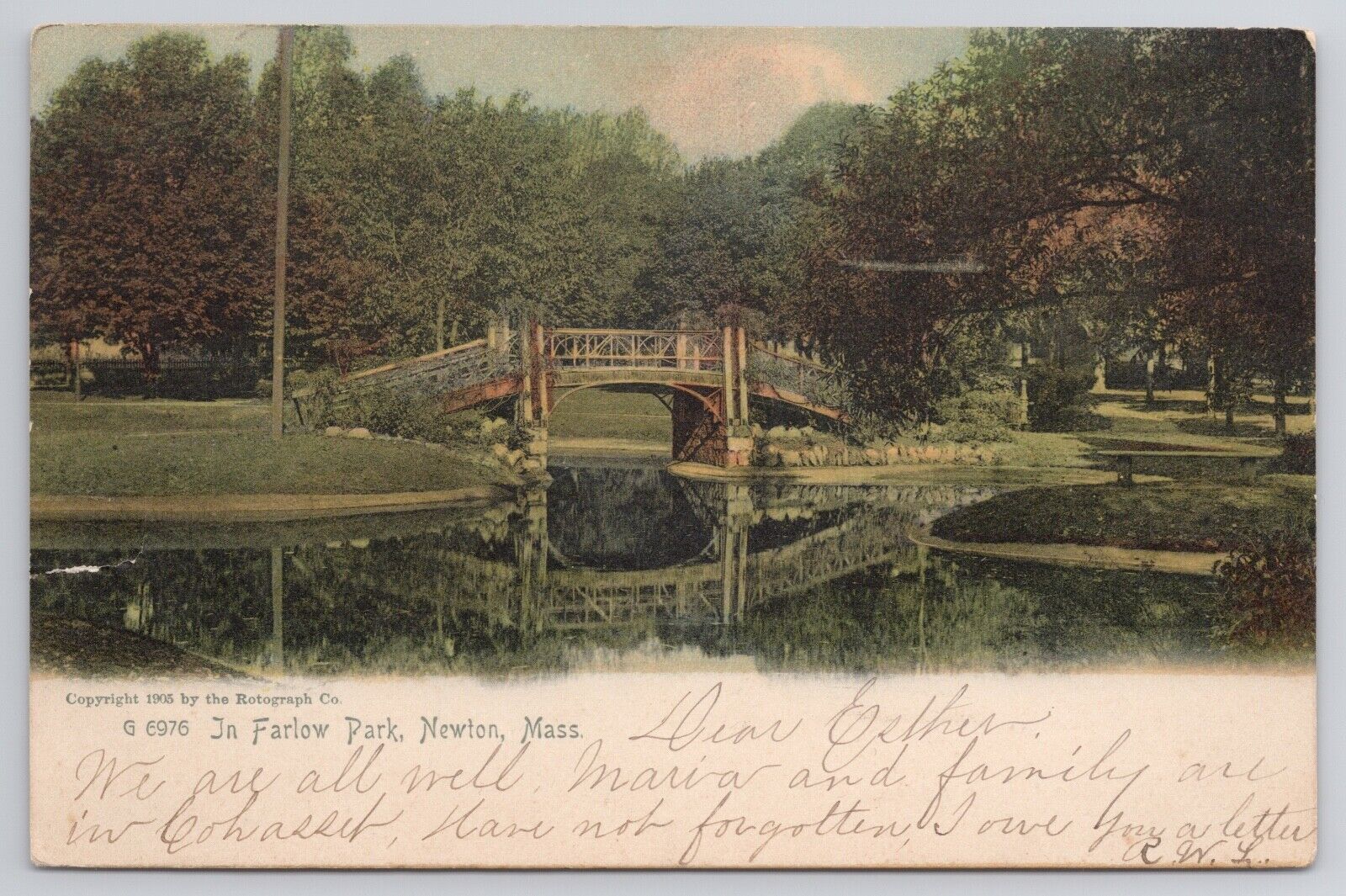 BRIDGE IN FARLOW PARK, NEWTON MASSACHUSETTS, ROTOGRAPH POSTCARD c. 1909