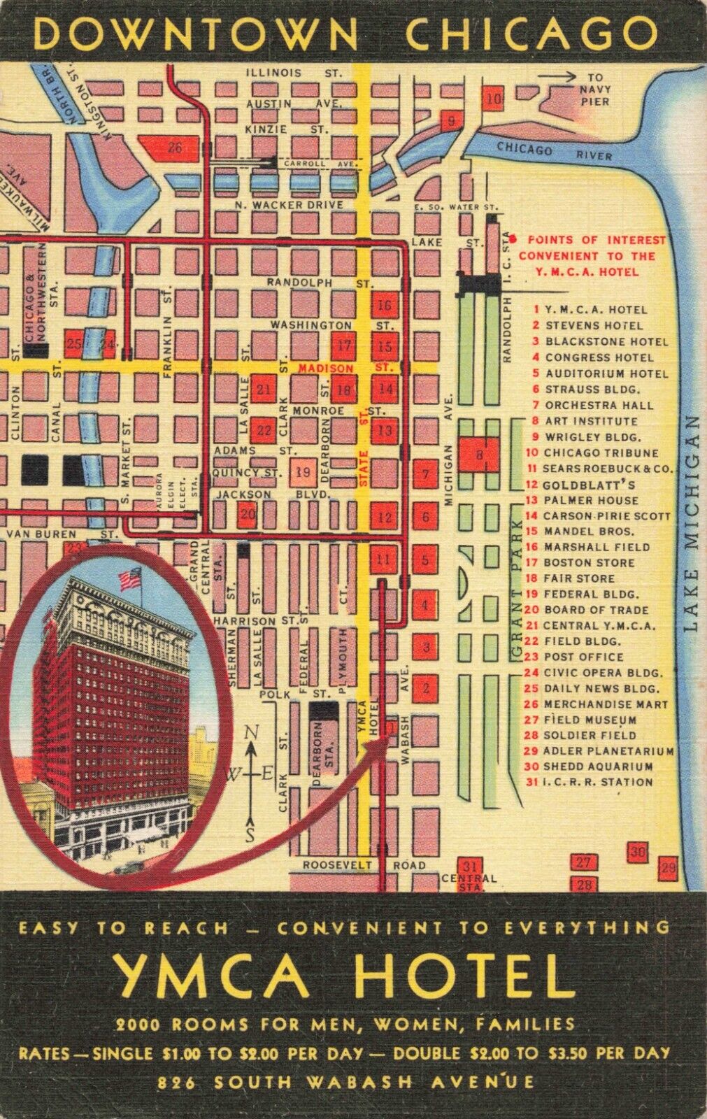 Chicago IL Illinois, YMCA Hotel Advertising, Downtown Map, Vintage Postcard