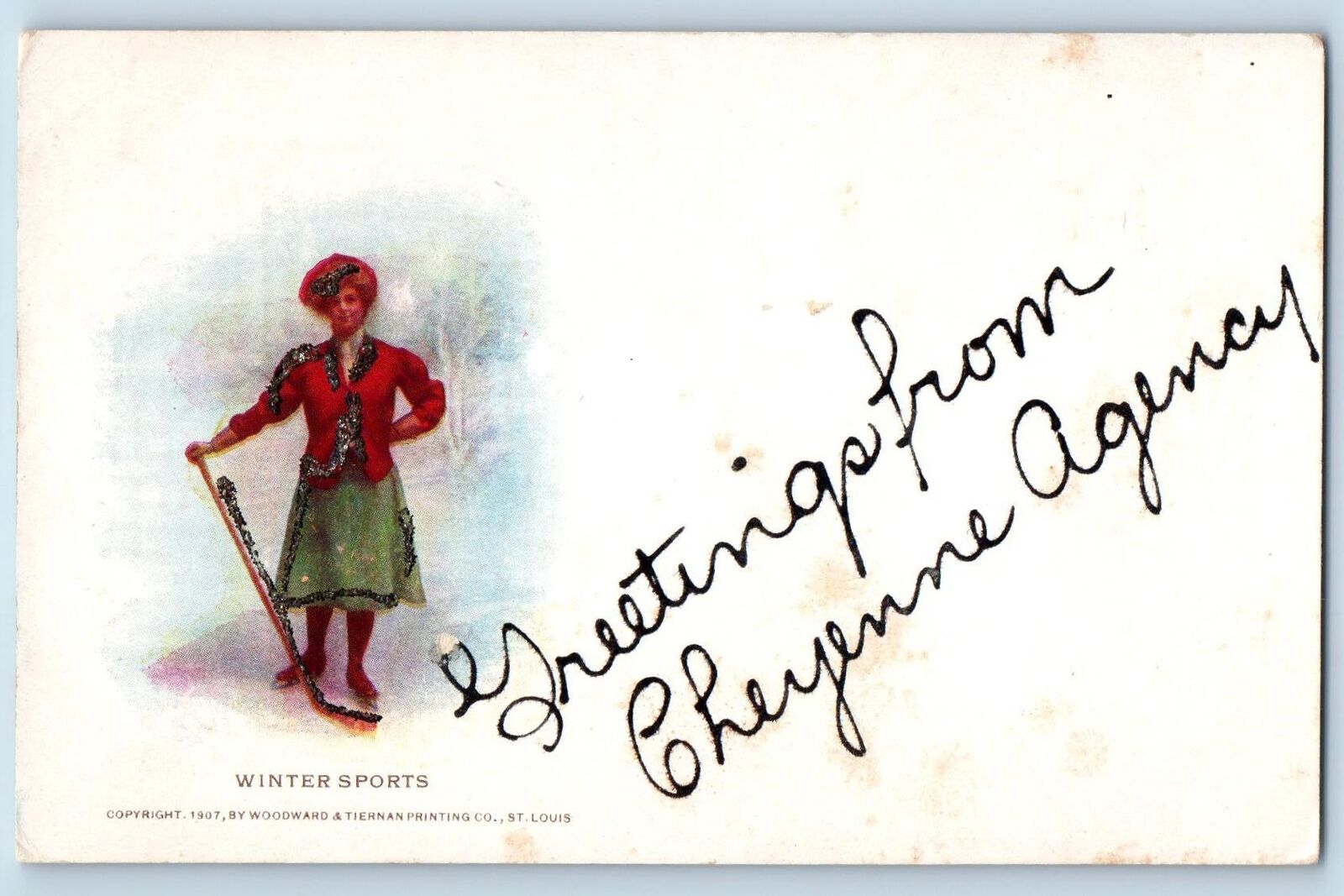 Postcard Cheyenne Agency Greetings Winter Sports Woman Hockey c1905\'s Antique