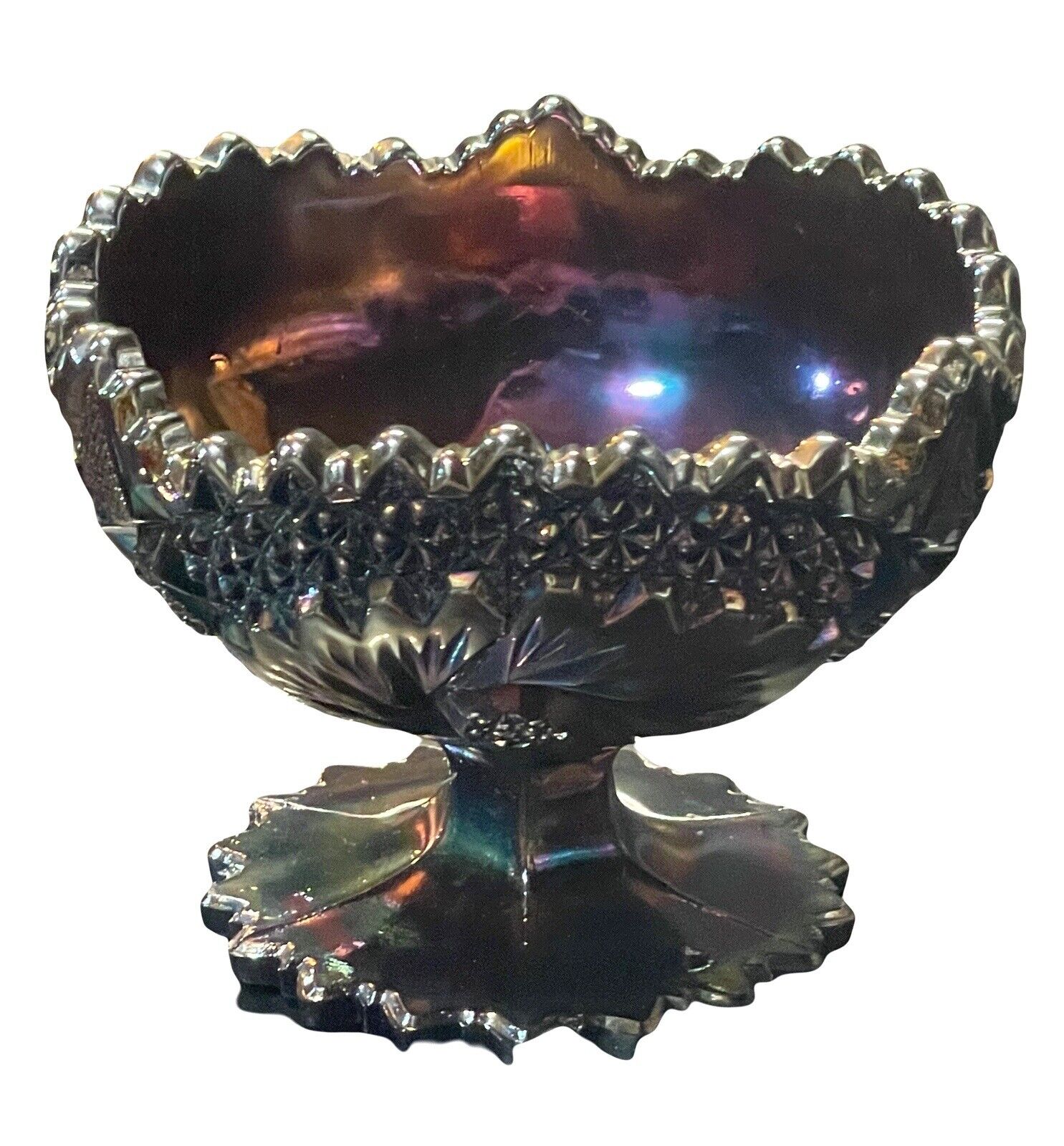 Fenton Amethyst Carnival Glass Footed Starburst Pinwheel Compote Bowl