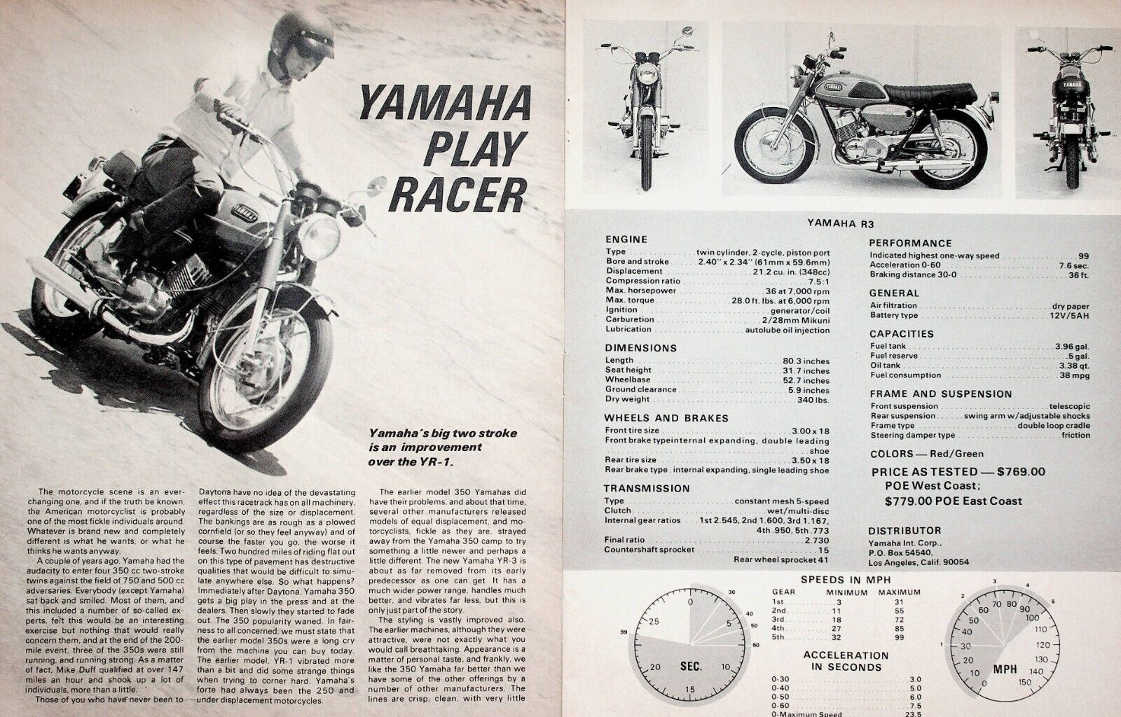 1969 Yamaha R3 Play Racer - 5-Page Vintage Motorcycle Road Test Article