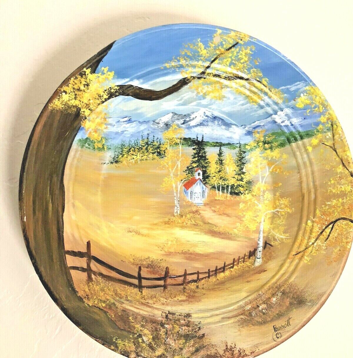 Vtg 12” Hand Painted Gold Pan Art Church Meadow Snow Cap Mountains Fall Signed
