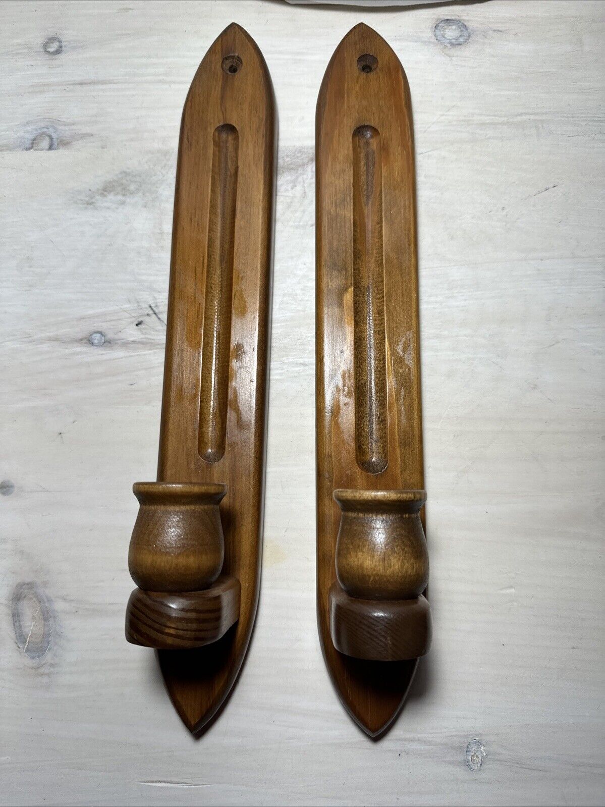 Pair Of Vintage Wood Taper Candle Sconces Hanging/Wall 14”