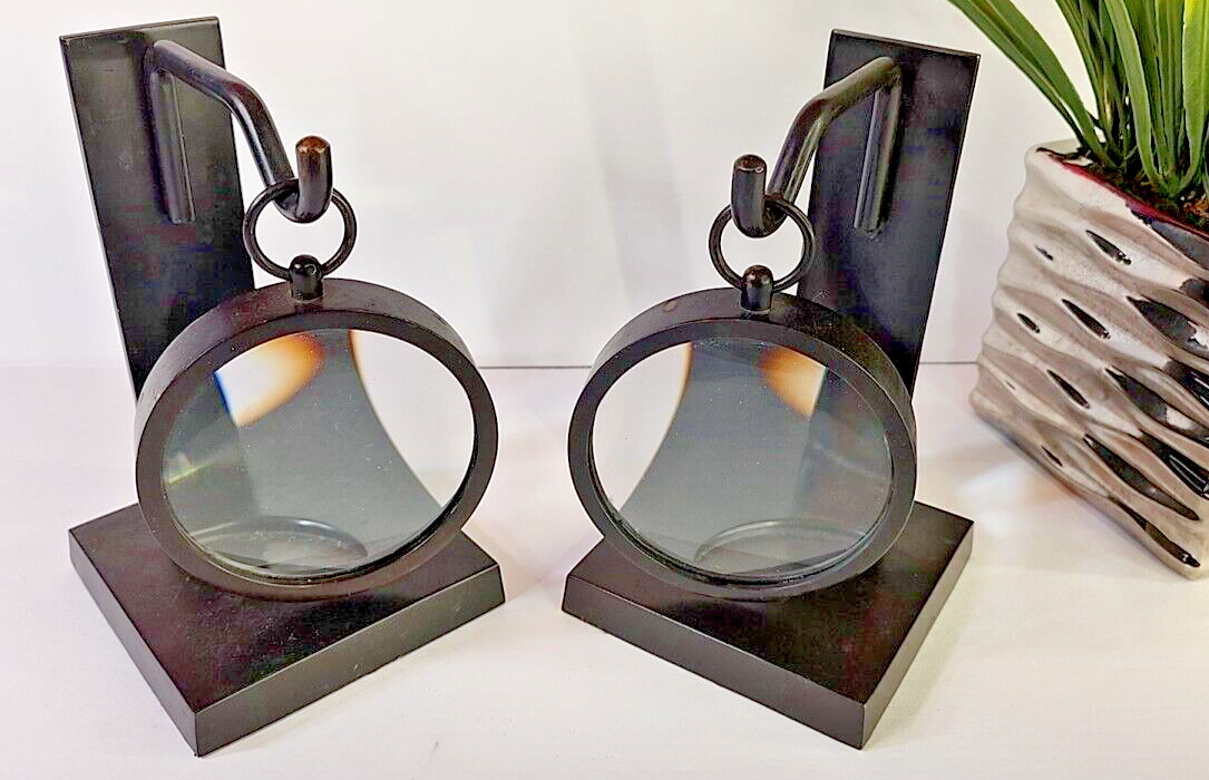 POTTERY BARN CANDLE HOLDER WITH HANGING MAGNIFYING GLASS. SET OF TWO(2)