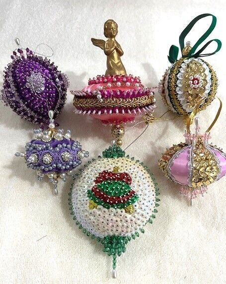 Lot# 7 - 6 Hand Made Vintage Beaded Christmas Ornaments-Lace-Satin-Pearls-NICE