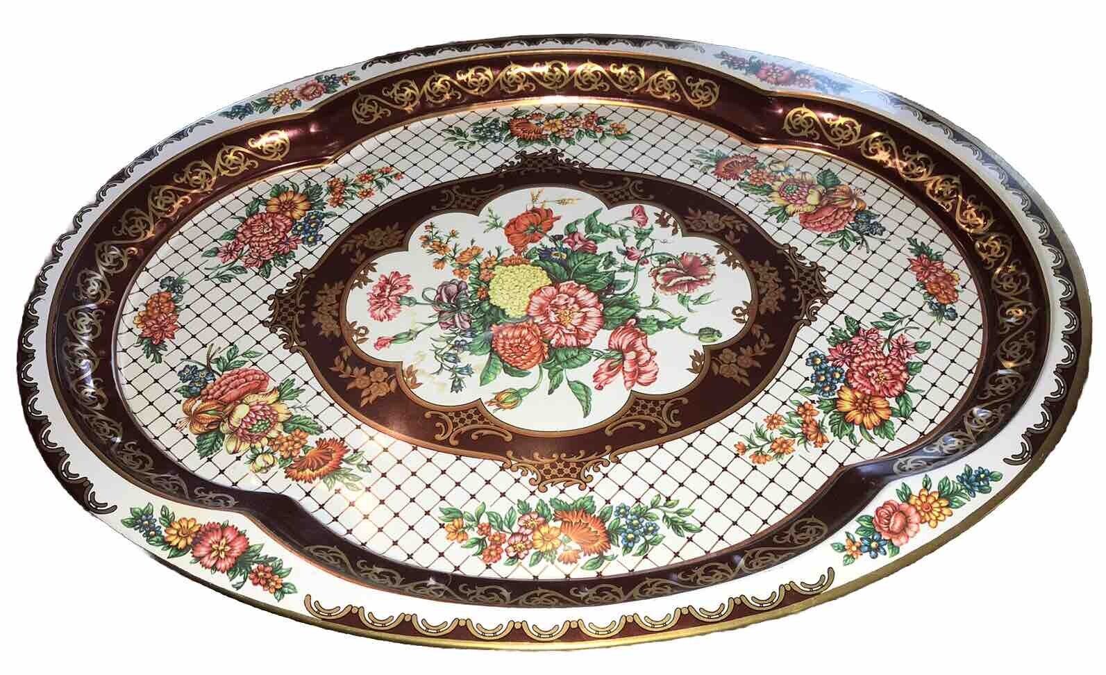 VINTAGE 1971 DAHER DECORATED WARE ENGLAND LARGE 20X15” OVAL FLORAL TIN TRAY VGUC