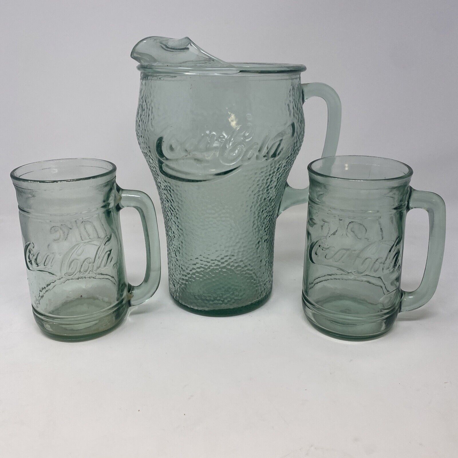 Vintage Coca Cola Pebble Glass Green Tint 64oz Pitcher & 2 Handled 16 oz Mugs