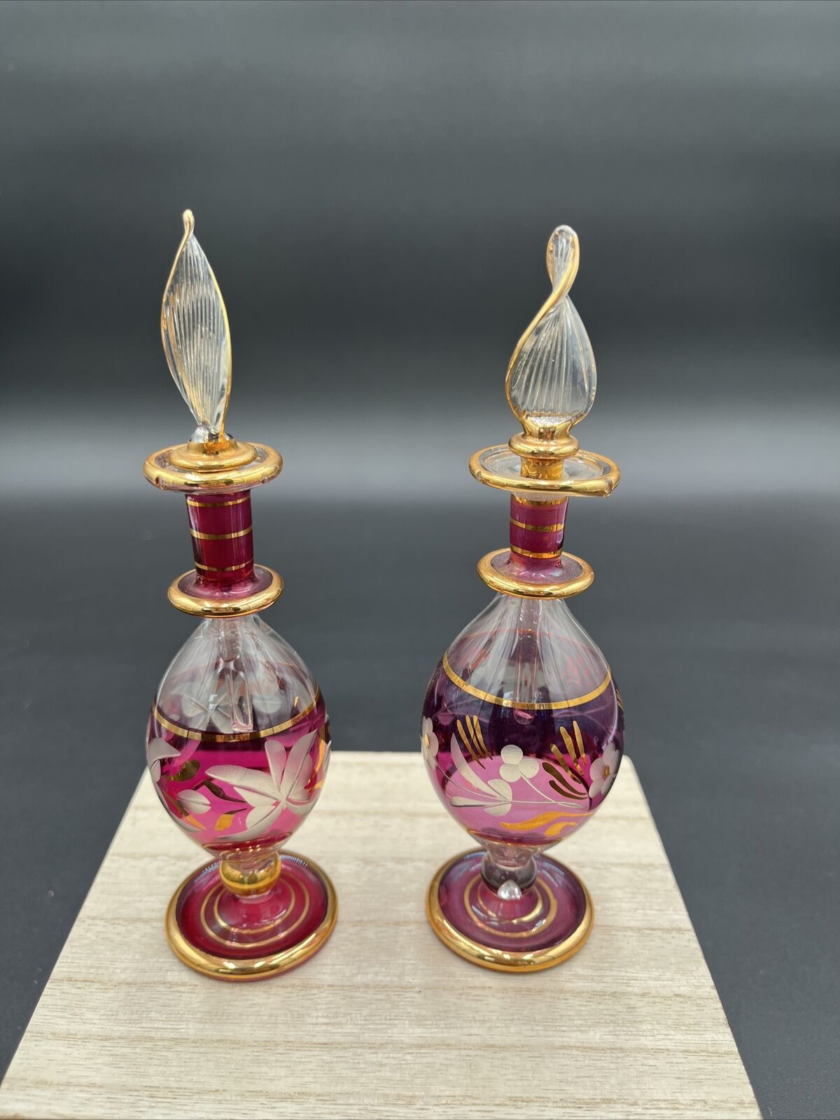 Vintage Egyptian Blown Glass Perfume Bottles Gold Etched Set of 2 Purple 6.5”