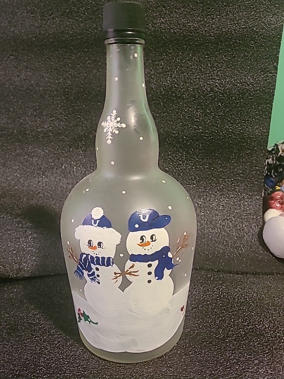 Hand Painted Snow Men Glass Bottle
