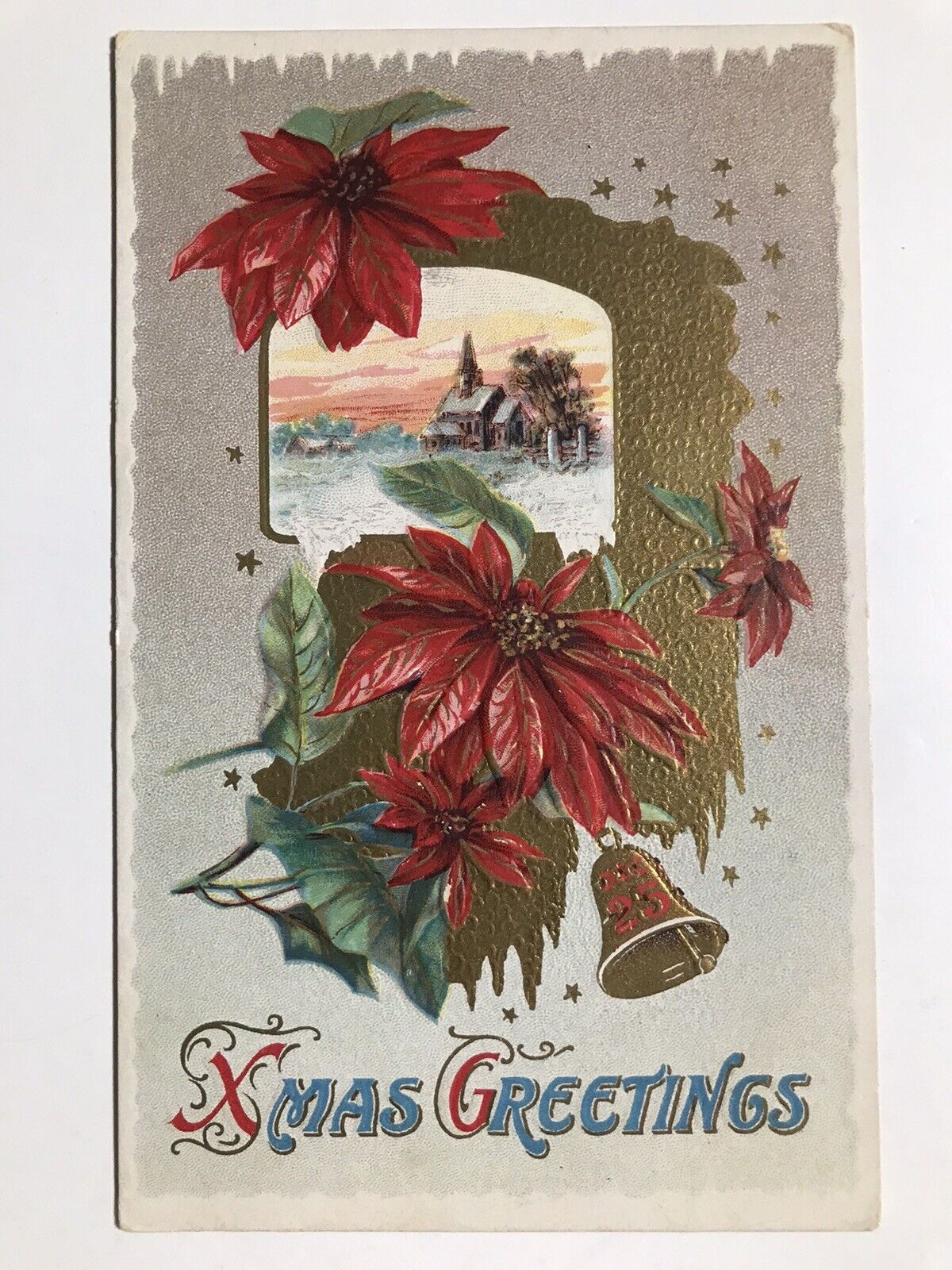 1910 Christmas Greetings Red Flowers Snow Houses Postcard