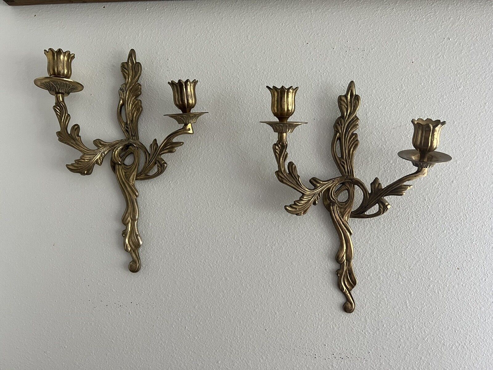 French Louis XV Rocco Style Wall Sconces | Solid Brass | Hollywood Regency Pair