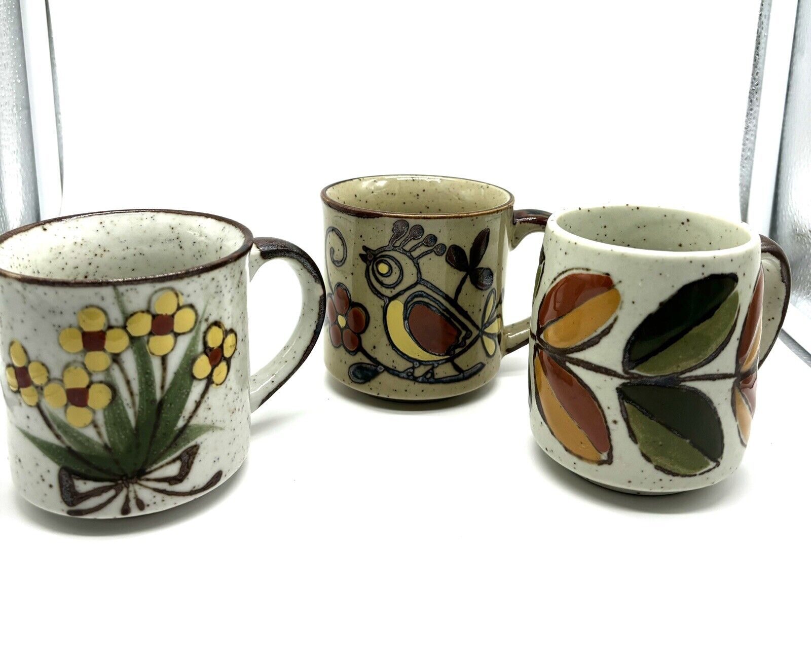 Vintage Otagiri Speckled Stoneware Floral Birds Coffee Tea Cups Mugs Set Of 3