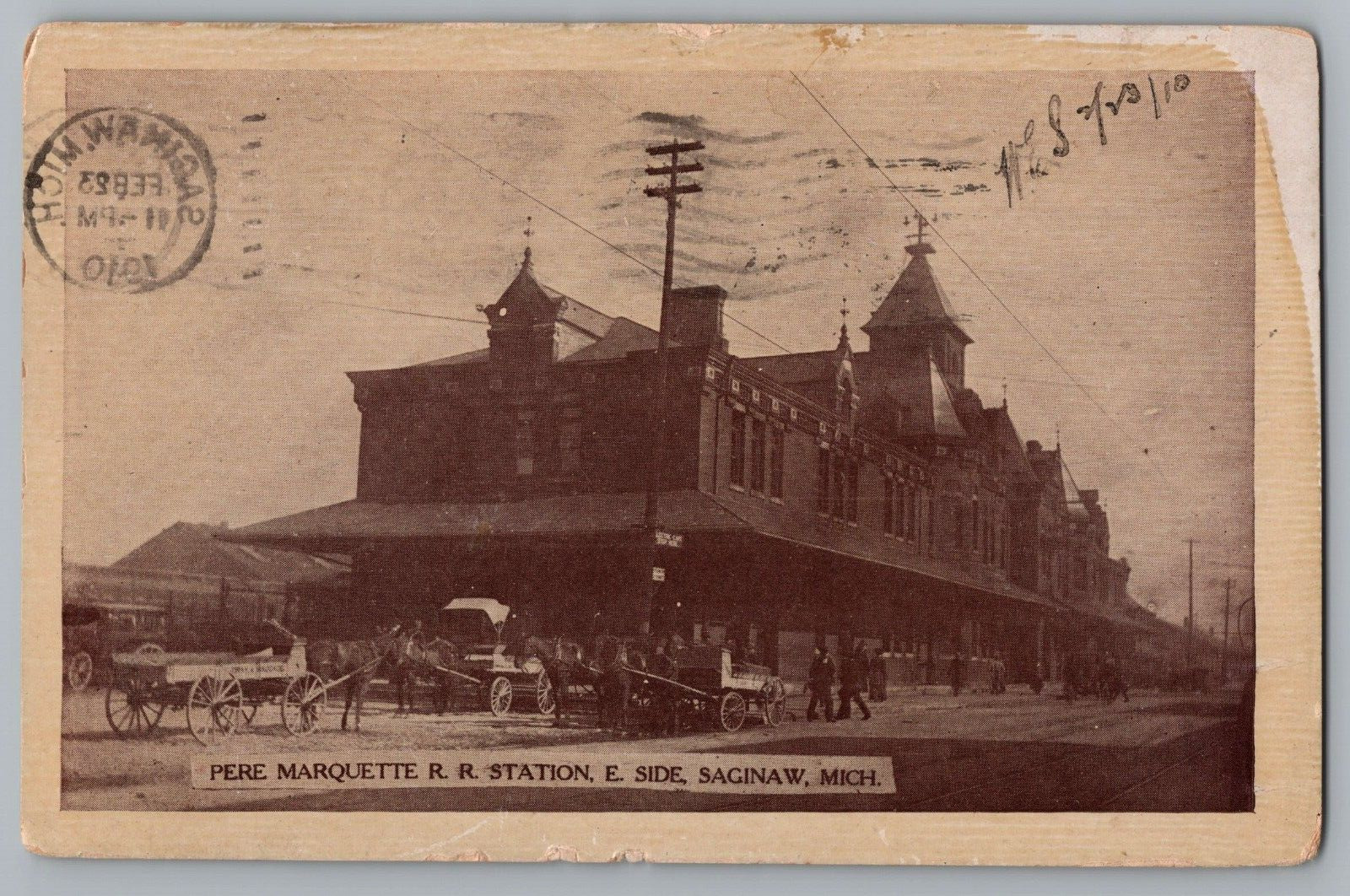 Postcard c1910 Pere Marquette R.R. Station, Saginaw, Michigan Horses Carriages