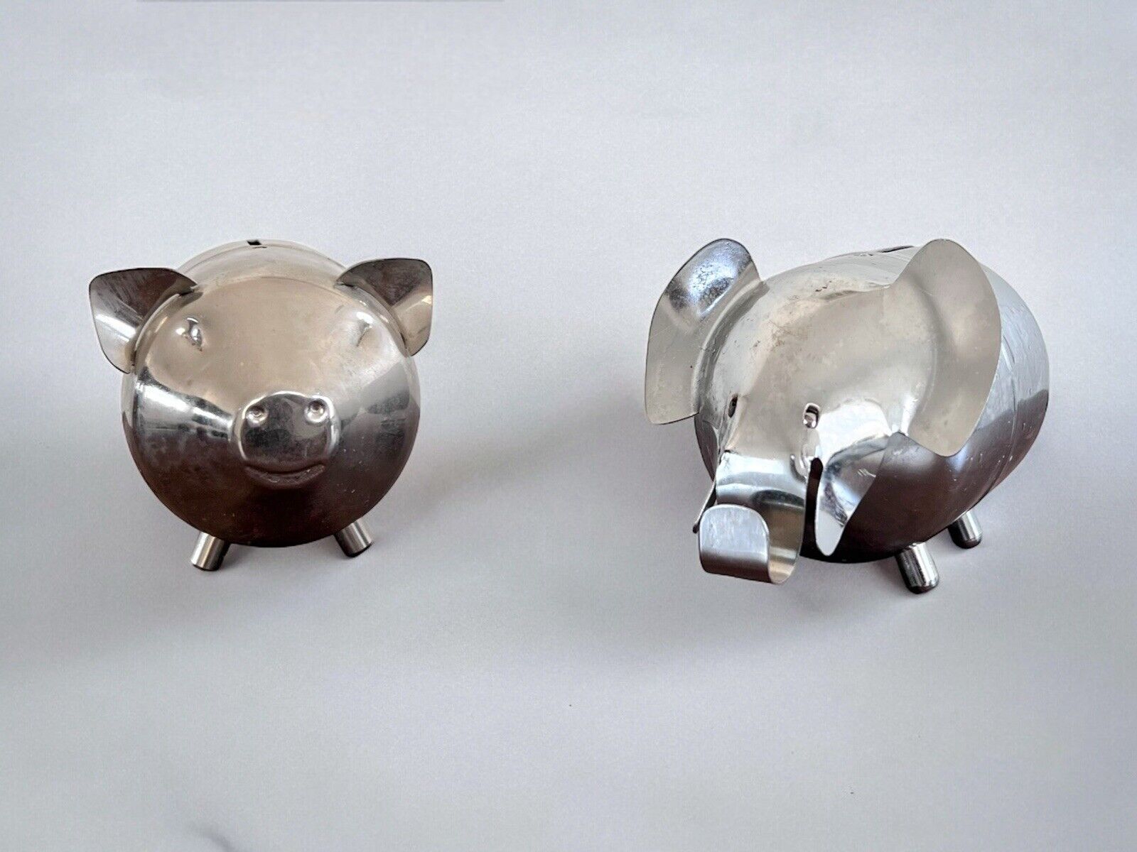 Vintage Pair Silver Chrome Pig Elephant Piggy Bank Hong Kong  Metal