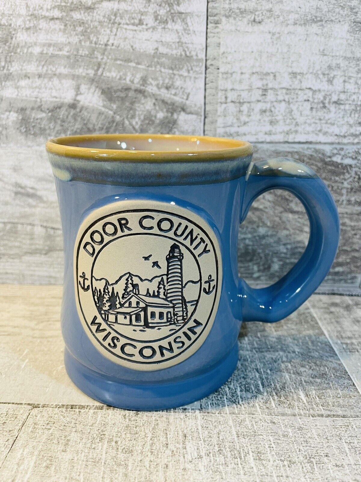 Door County Wisconsin Glazed Etched Blue Ceramic Large Coffee Mug Cup Cabin Lake