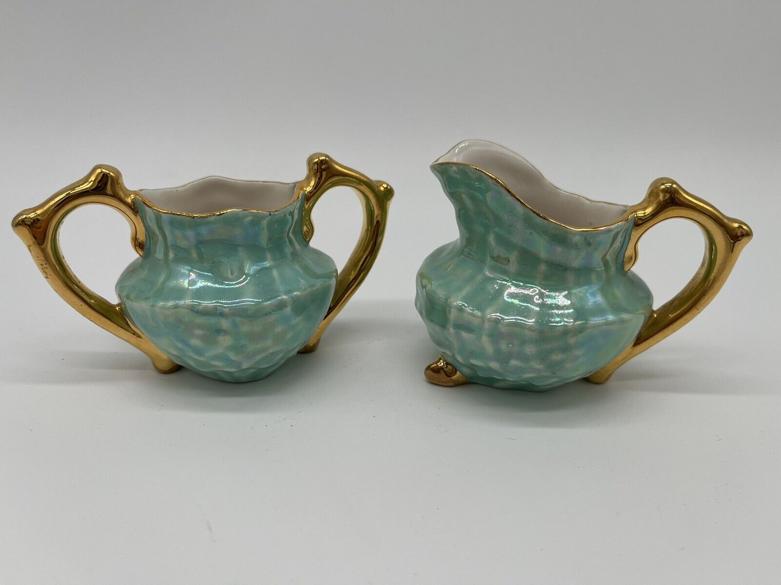 Vintage Aqua Blue Luster Iridescent Gilded Porcelain Seashell Sugar Creamer Set