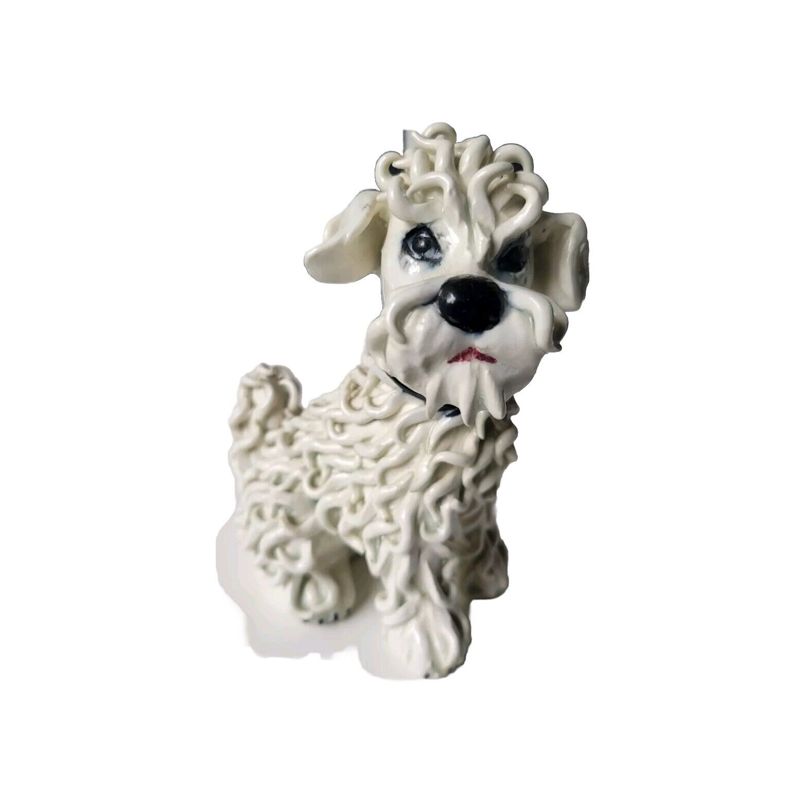 Vintage White Ceramic Sitting Spaghetti Poodle Figurine W/Collar Italy 5” Tall