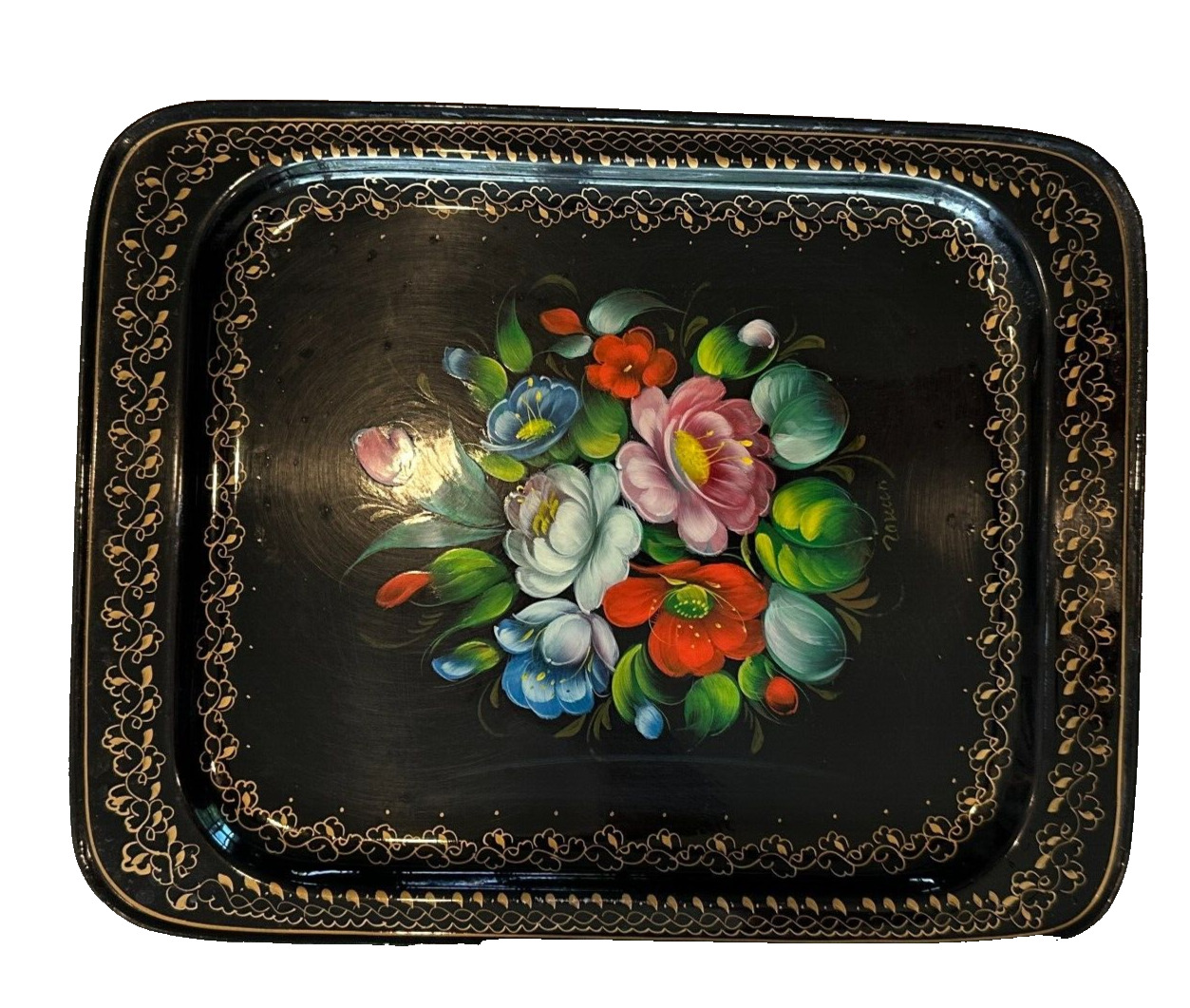 Vtg Russian Tole Floral Tray Metal Lacquer Hand Painted