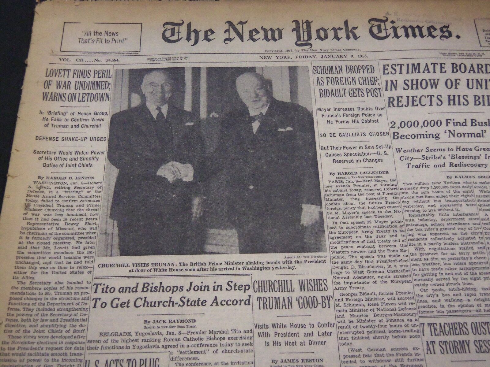 1953 JANUARY 9 NEW YORK TIMES - CHURCHILL WISHES TRUMAN GOOD-BY - NT 4658