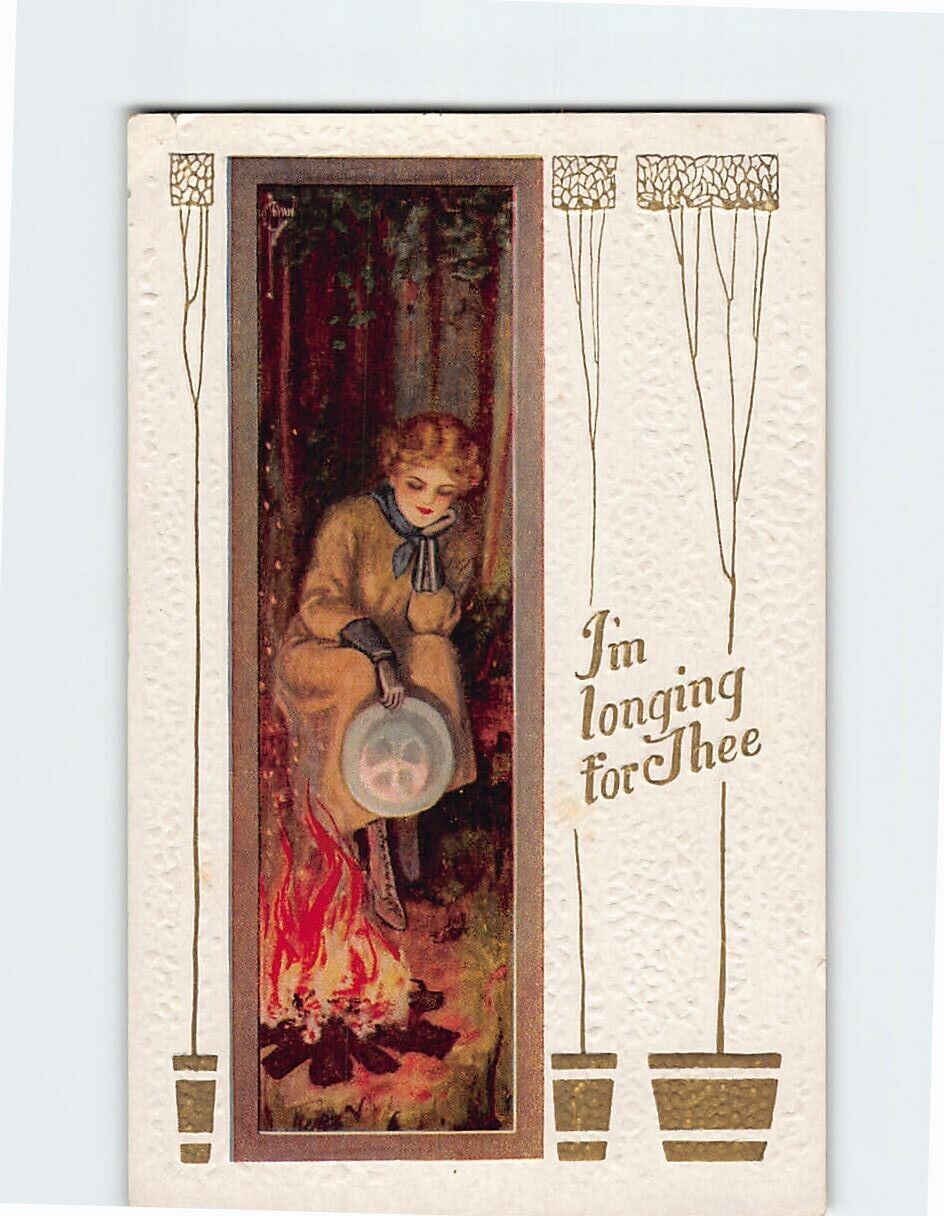 Postcard I'm Longing for Thee A Young Woman Looking at the Bonfire Embossed Card