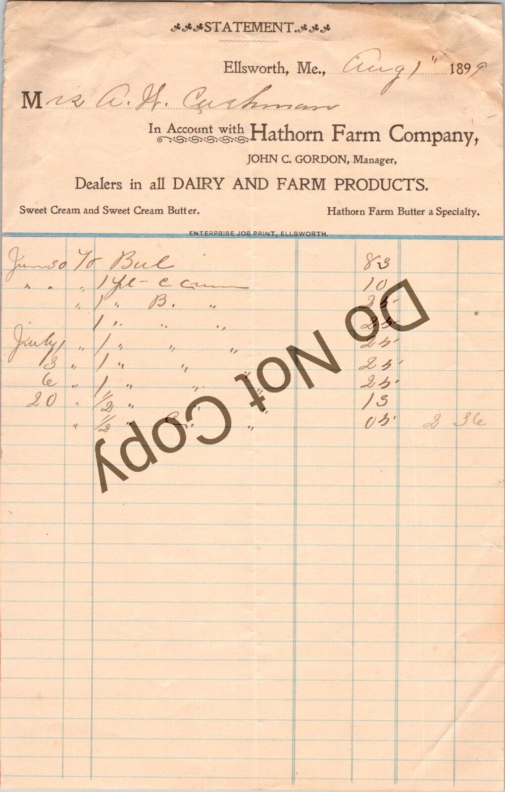 Antique 1899 Hathorn Farm Co Dealers In  Dairy And Farm Products Billhead AS34
