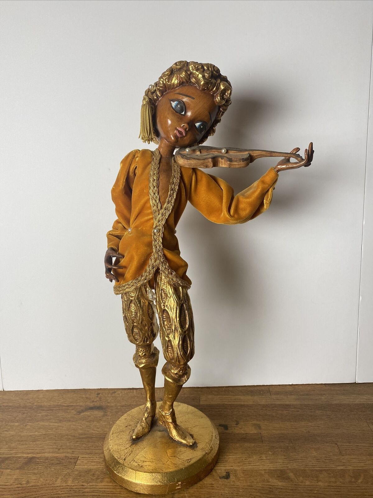 20” Giltwood Musical Figure Elf Lady With Violin Italy 1960