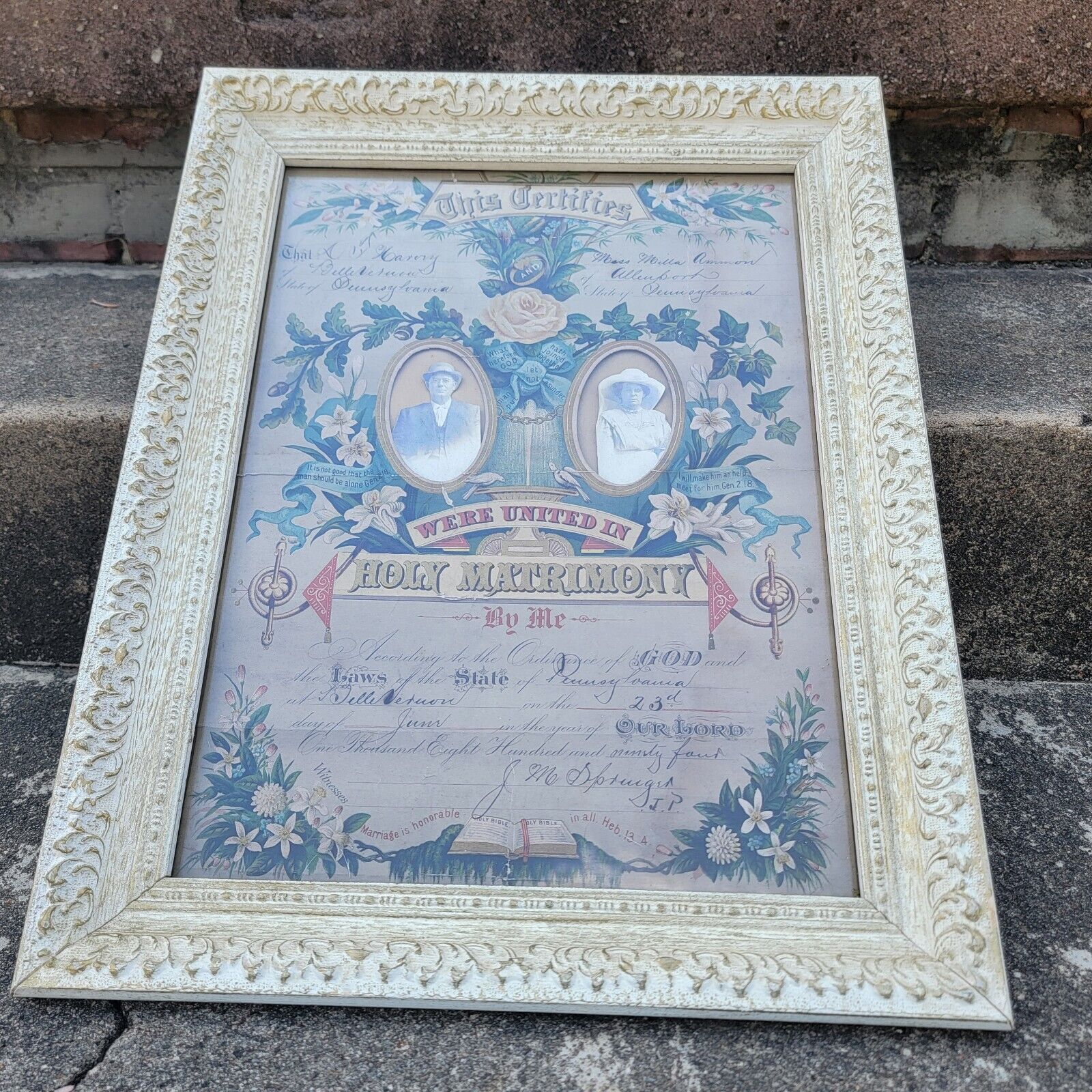 Antique Marriage Certificate Framed 1894 Harvey Ammon Pennsylvania