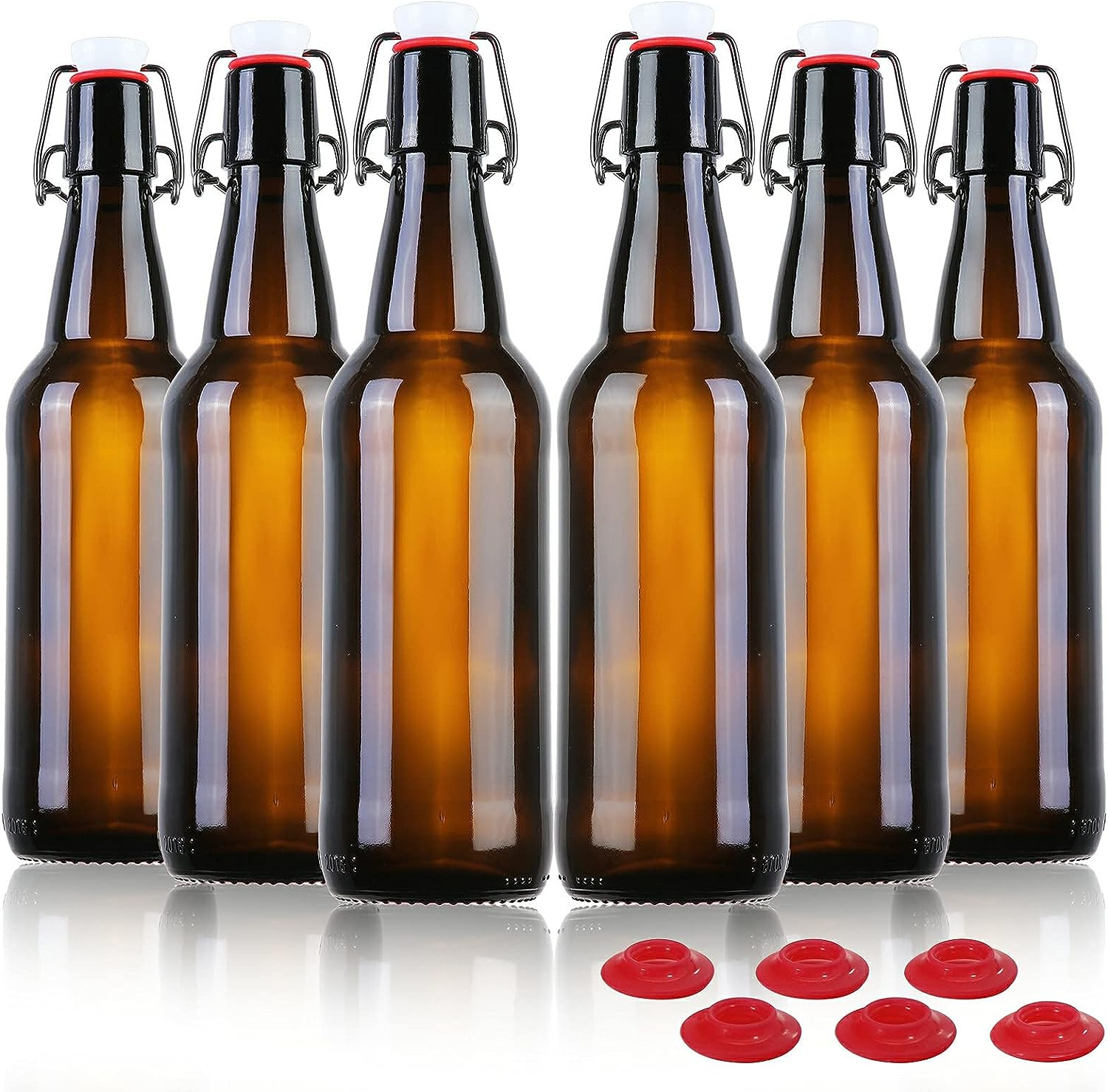 6 Pcs16 Oz Amber Glass Beer Bottles for Home Brewing with Flip Caps
