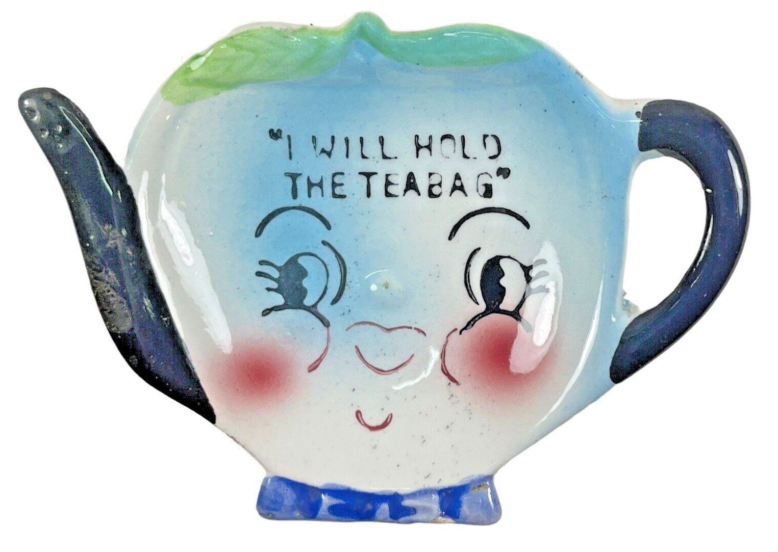 Vintage Napco Anthropomorphic I Will Hold The Teabag Sugar Spoon Rest Blue