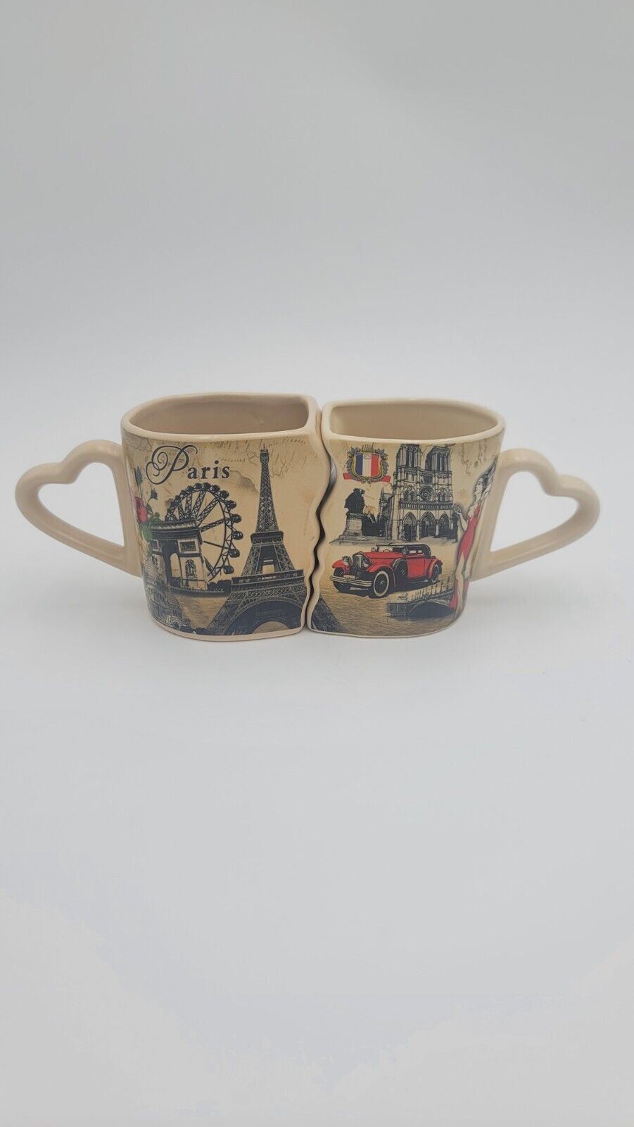 Vintage France His & Her 8oz Mug Paris Interlocking 2 Ceramic Cups