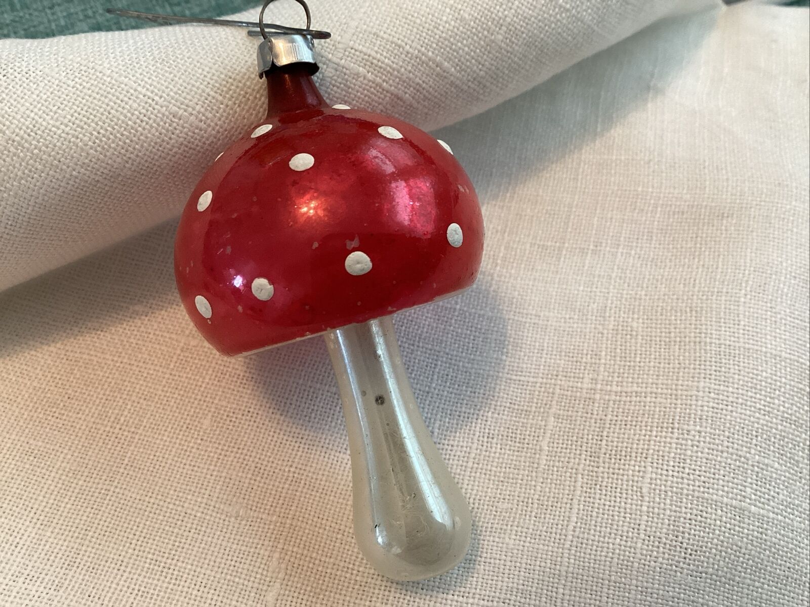 Vintage Blown Glass Dotted MUSHROOM Christmas Ornament West Germany